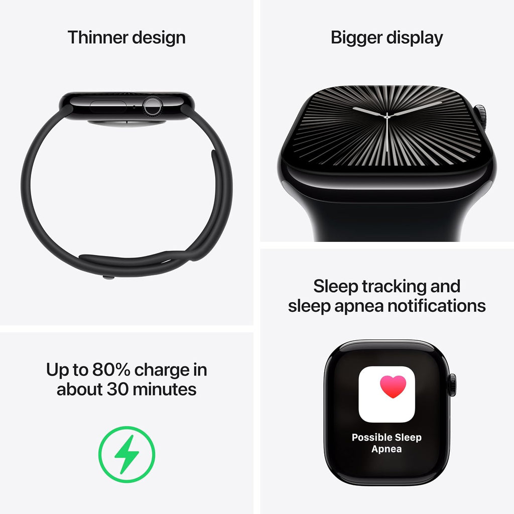 Apple Watch Series 10 [GPS 42mm case] Smartwatch with Jet Black Aluminum Case with Ink Sport Loop. Fitness Tracker, ECG App, Always-On Retina Display, Carbon Neutral