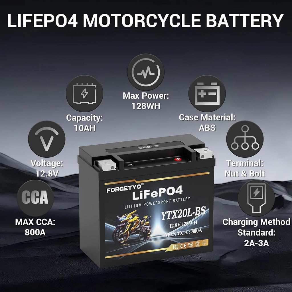 Lithium YTX20L-BS, 800A LiFePO4 Motorcycle Battery, 12V 10AH ATV, UTV, Jet Ski, 4 Wheeler,Snowmobile,Tractor,Generator and Riding Lawn Mower Battery