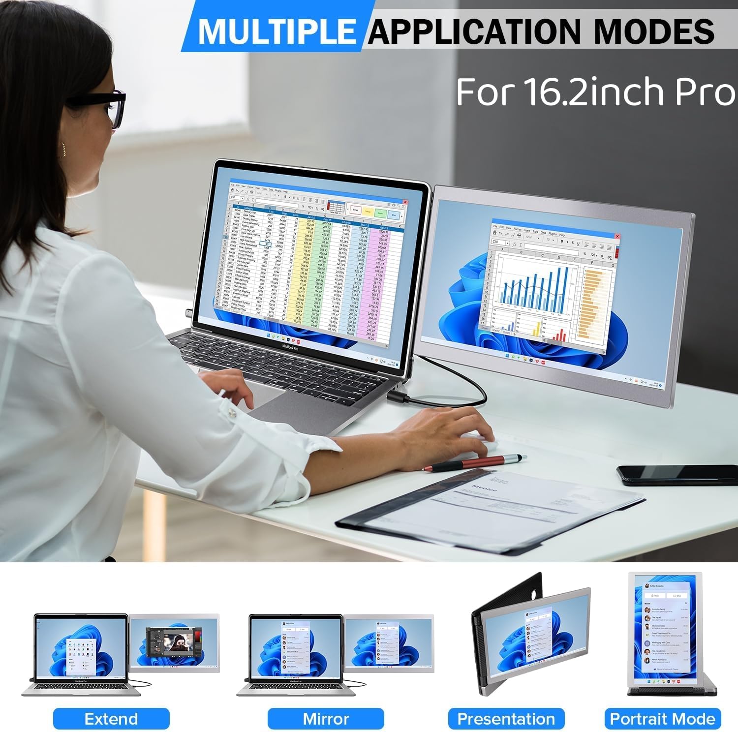 P1M 14'' Portable Monitor for Laptop Screen Extender for 16.2'' MacBook, Designed for MacBook Screen Extender FHD 1080P IPS Display Plug and Play