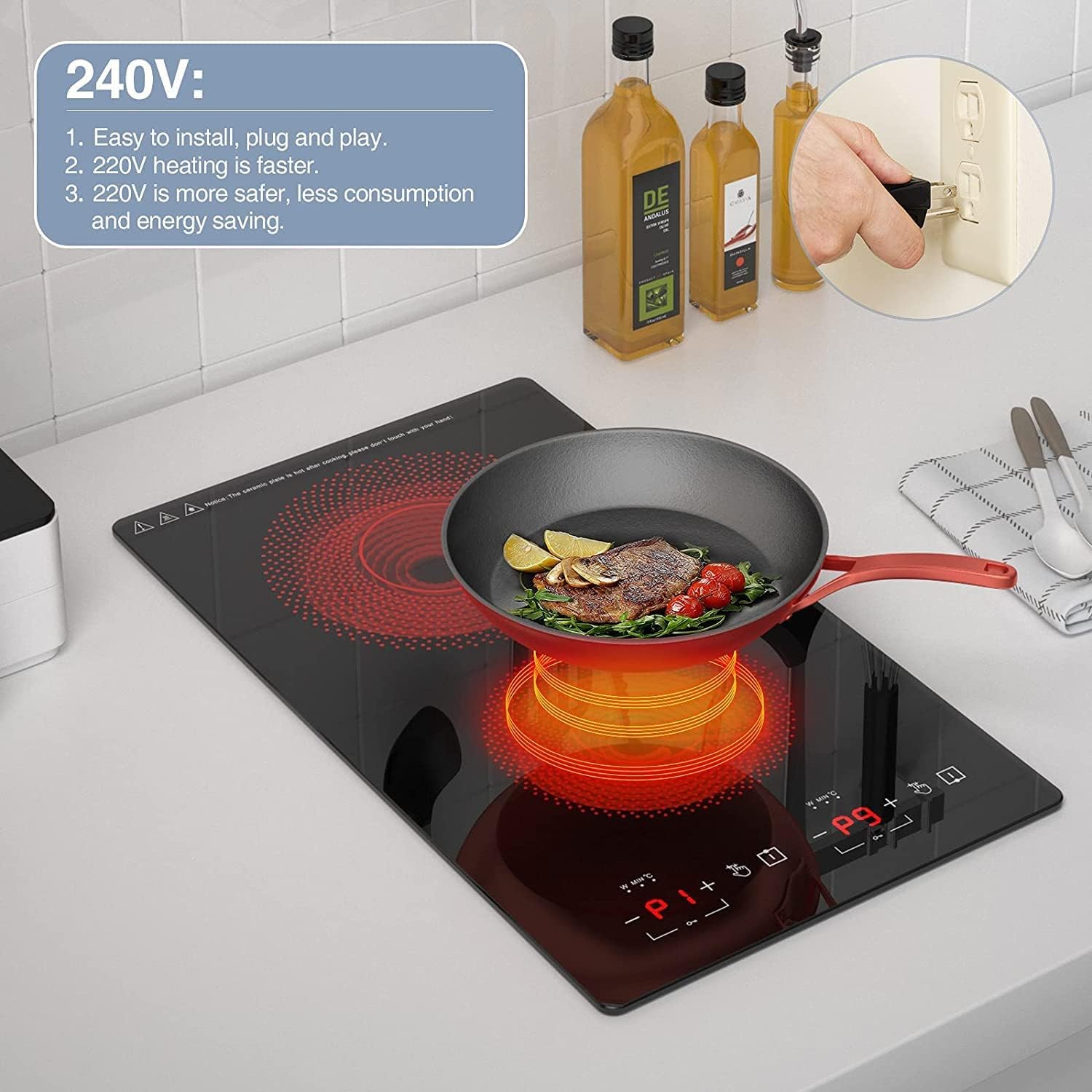 Electric Cooktop 2 Burner, 3000W Electric Stove Top 12' Plug in, 220-240V Burner Countertop and Bulit in,9 Power Levels,Suitable for All Pans,Infrared Burner