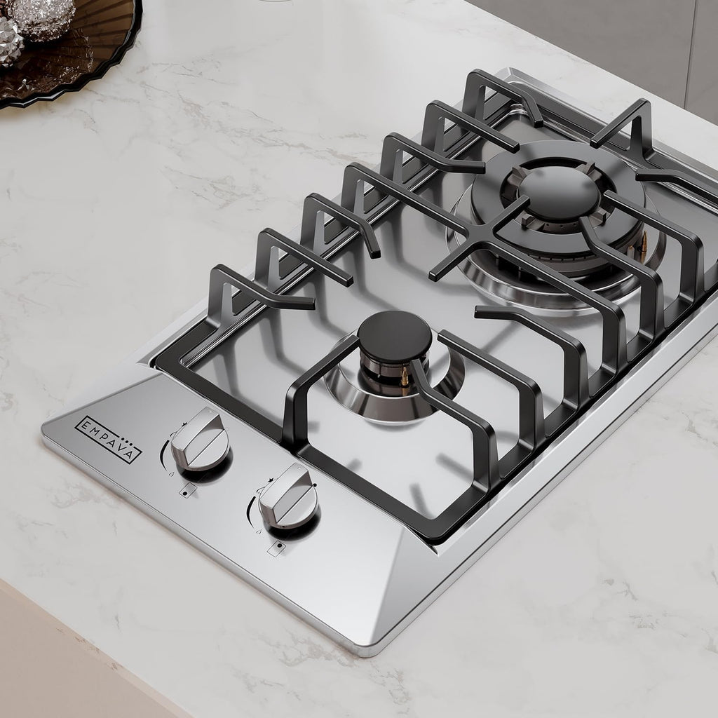 Empava 12' Gas Cooktop, Rv Stove Top, 2 Burner Italy SABAF Sealed, Cooktops, NG/LPG Convertible in Stainless Steel