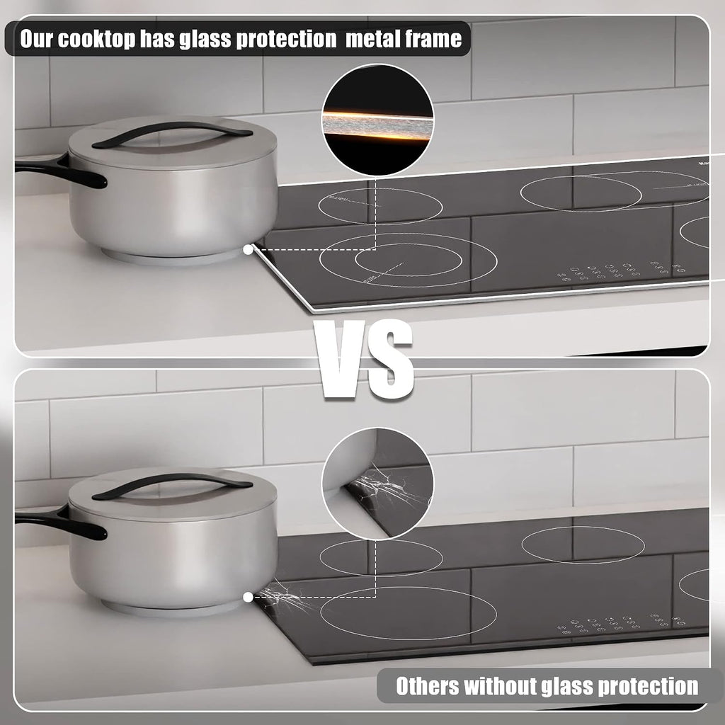 Karinear 30 Inch Electric Cooktop 4 Burners, Built-in Electric Stove top with Glass Protection Metal Frame, Expandable Burners, Multi-function Ceramic Cooktop, 220-240v Hard Wire, No Plug