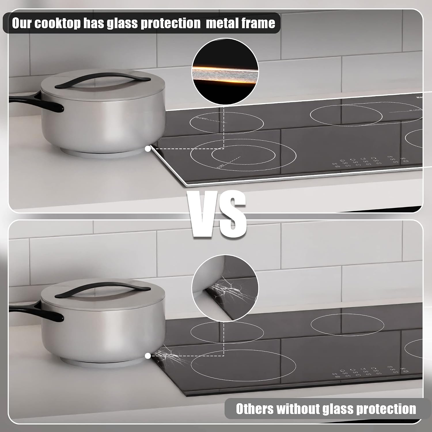 Karinear 30 Inch Electric Cooktop 4 Burners, Built-in Electric Stove top with Glass Protection Metal Frame, Expandable Burners, Multi-function Ceramic Cooktop, 220-240v Hard Wire, No Plug