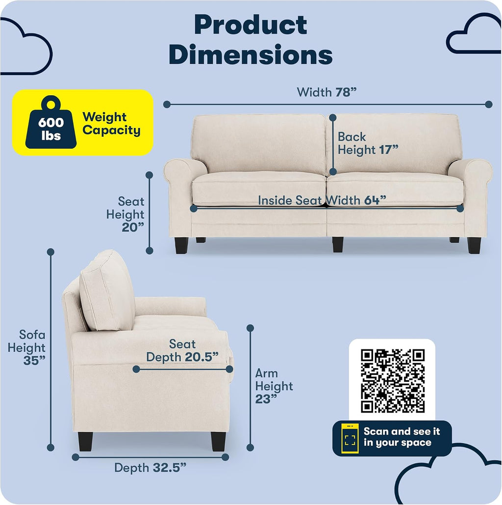 Serta Copenhagen 78' Rolled Arm Sofa, Easy Care Polyester, Soft Pillow Back, Pocket Coil Seat Cushions, Removable Covers, Loveseat or Couch for Small Spaces, Living Rooms or Bedrooms, Cream White