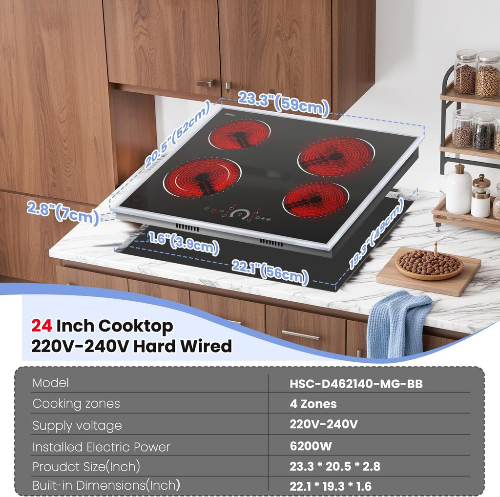 Hobsir 24 inch Electric Cooktop 6200W, 4 Burner Electric Stove Top, Built-in Circular Slide Ceramic Stove with Glass Metal Frame, Timer, Safety Lock, 220V-240V Burner Hard Wire (No Plug)