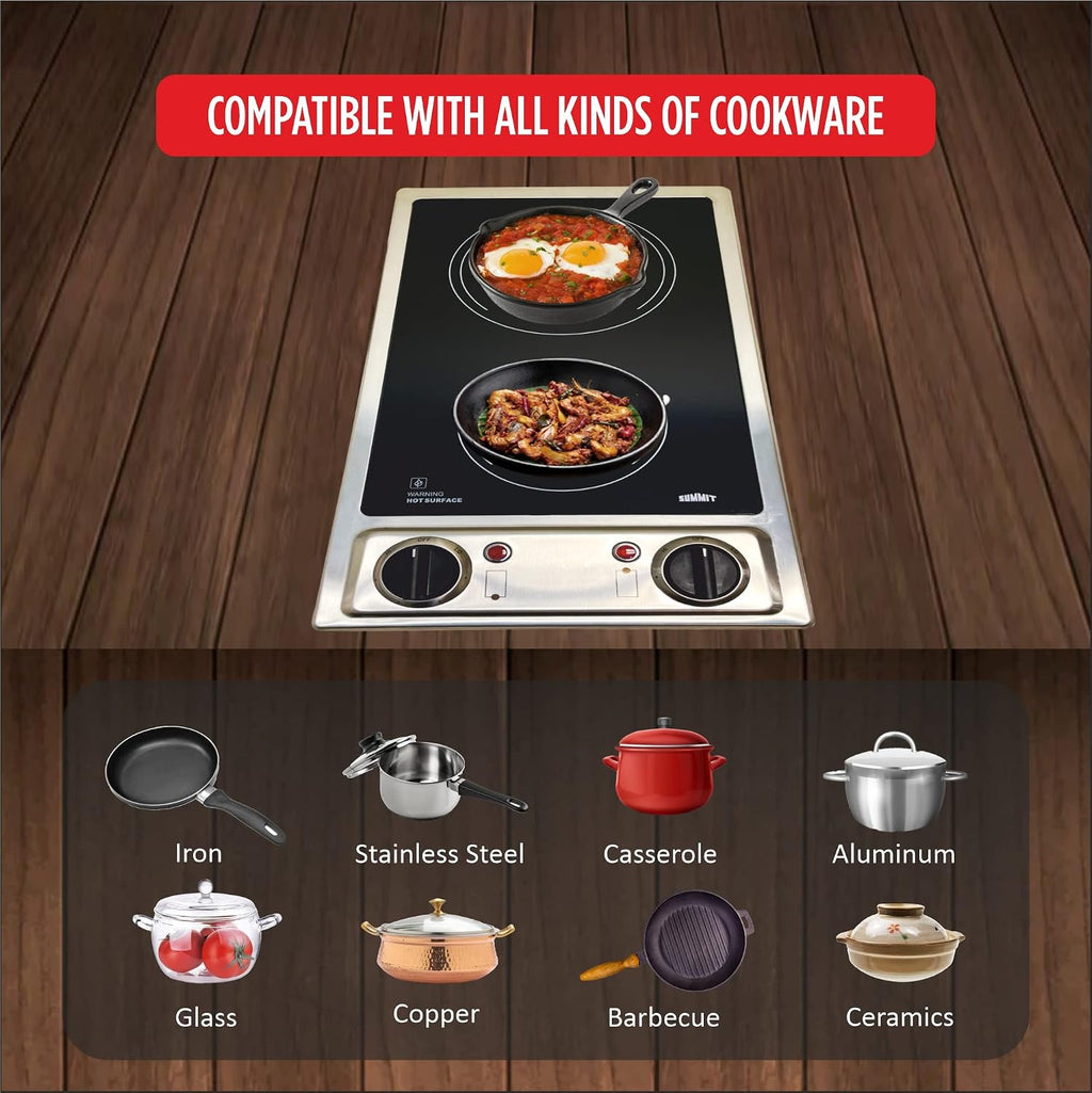 Summit CR2B120 12-inch Wide 115V 2-Burner Radiant Electric Cooktop, Jet Black Glass Easy to Clean, Two Burner Total 2400W, Push-to-Turn Knob Control, Indicator Light, Hot Warning, Easy Plug-In