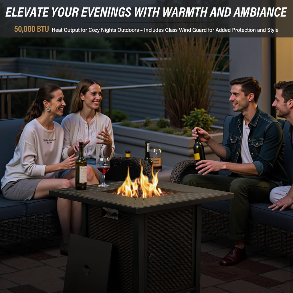 Belord 5 Pieces Patio Furniture Set with 50000 BTU Propane Fire Pit Table, All-Weather Patio Rocking Chairs, Loveseat Glider and Side Table for Outdoor Conversation Deck Backyard Poolside Black