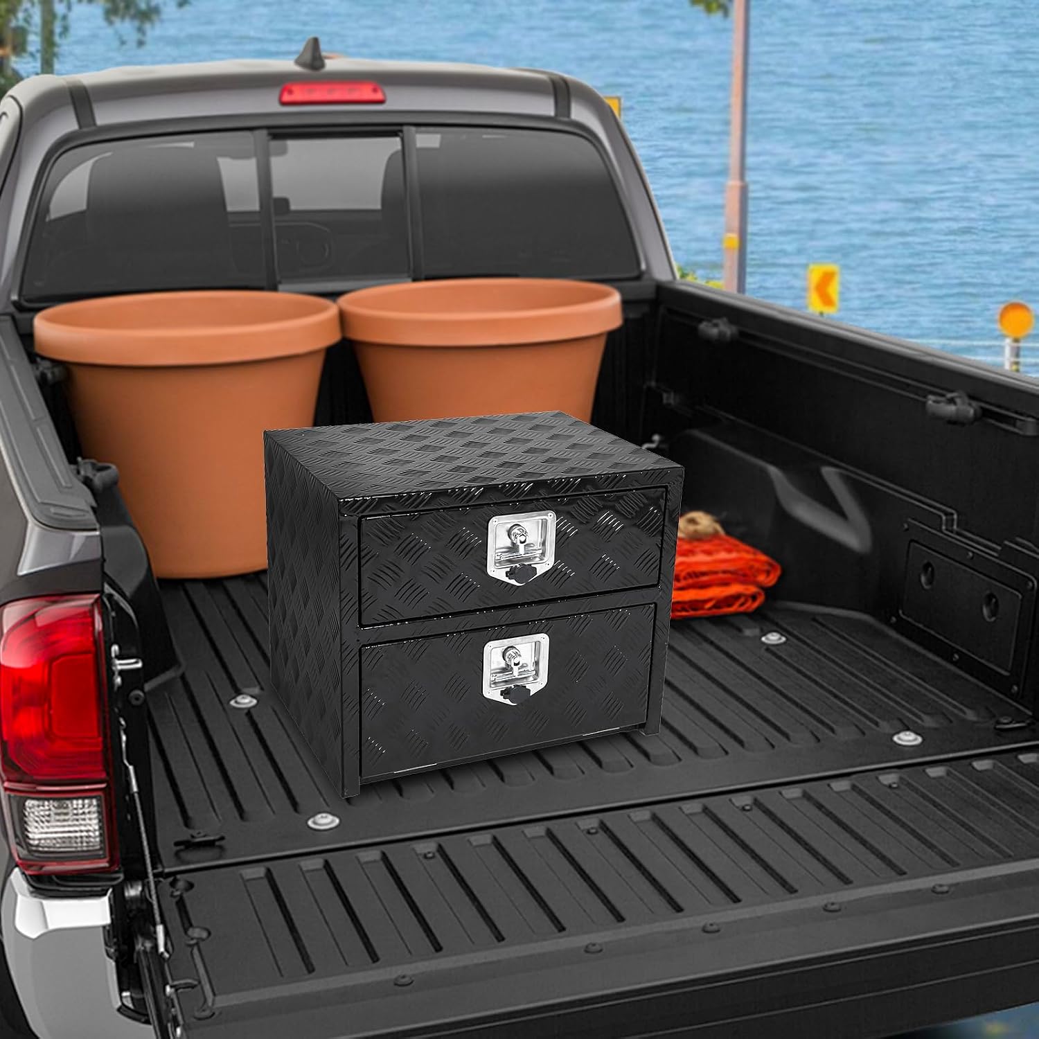 24' Truck Tool Box With One Lower Door and drawer,Heavy-Duty Aluminum 5 Bar Tread Double-layer Toolbox, 24'x 20'x 18' Truck bed Tools Storage Organizer W/Lock and Keys For Truck, Van, Trailer