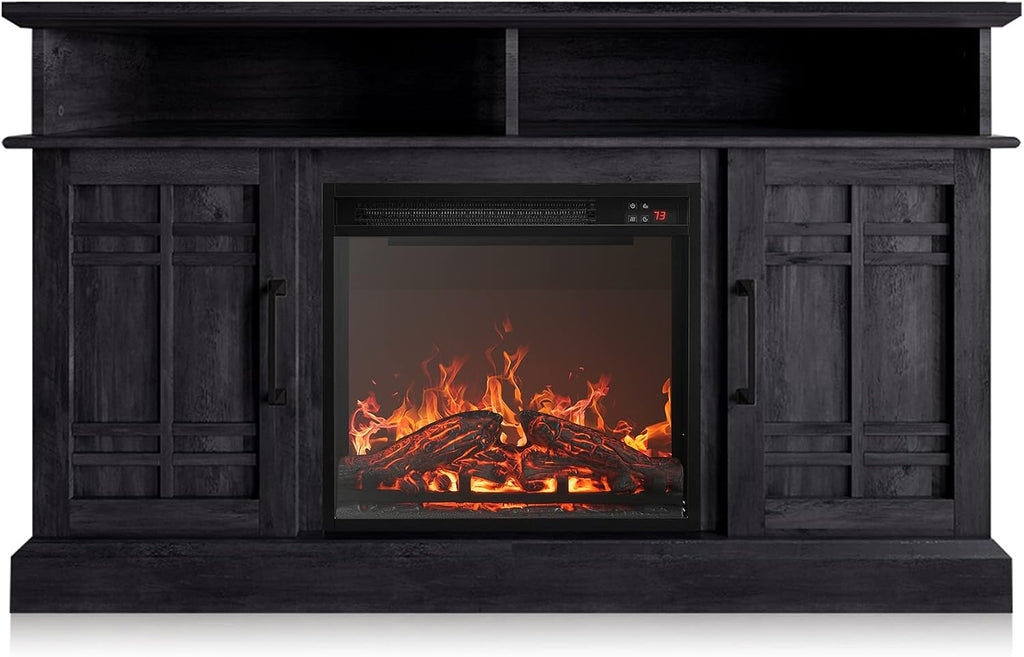 BELLEZE 48' TV Stand with 18' Electric Fireplace Heater, Modern TV Stand for TVs up to 50', Entertainment Media Stand with Open Shelves and Storage Cabinets for Living Room, Bedroom (Rustic Grey)
