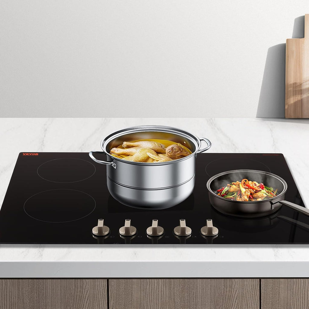 VEVOR SK-92IHA36CK04 9200W Electric Countertop Burner Knob Control Stove, Built-in Induction Cooktop with 12 Temperature Settings, Glass Surface, Auto Shut-Off, 36in 5 Burners/220V, Black
