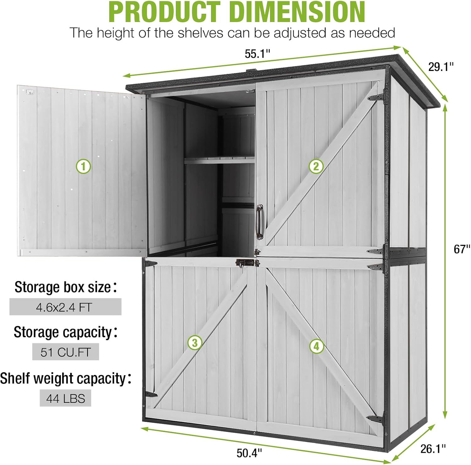 4.6x2.42FT Sheds & Outdoor Storage Shed with All Around Metal Frame, Garden Sheds Cabinet with Floor & Adjustable Shelfs, Tool Shes for Backyard Garden Patio Lawn (White)