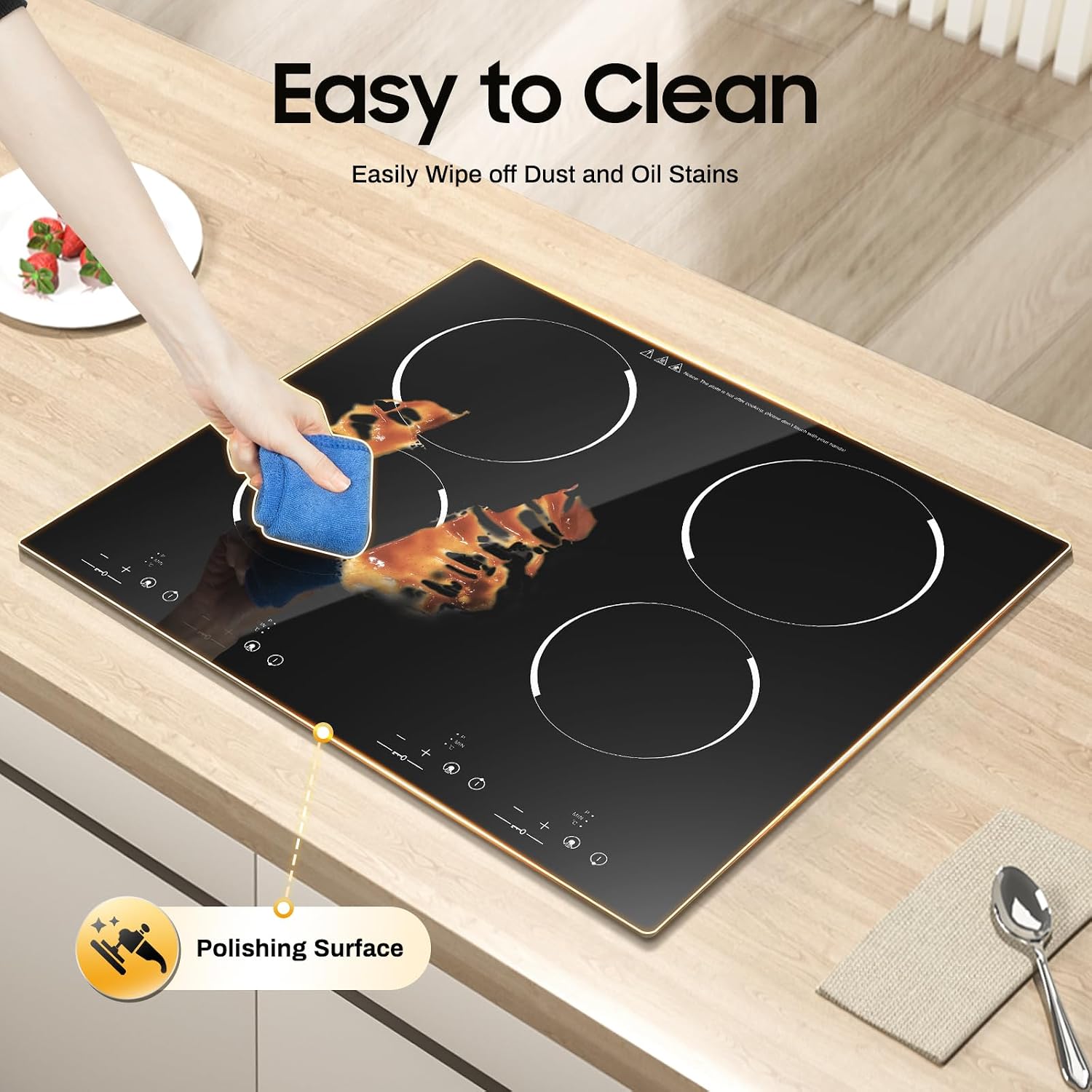 4 Burners Electric Ceramic Cooktop,110V Electric Stove Top Built-in Touch Control, 3000W 9 Heating Level Stove Countertop & Drop-in Cooktop W/Kid Safety Lock (No Plug)