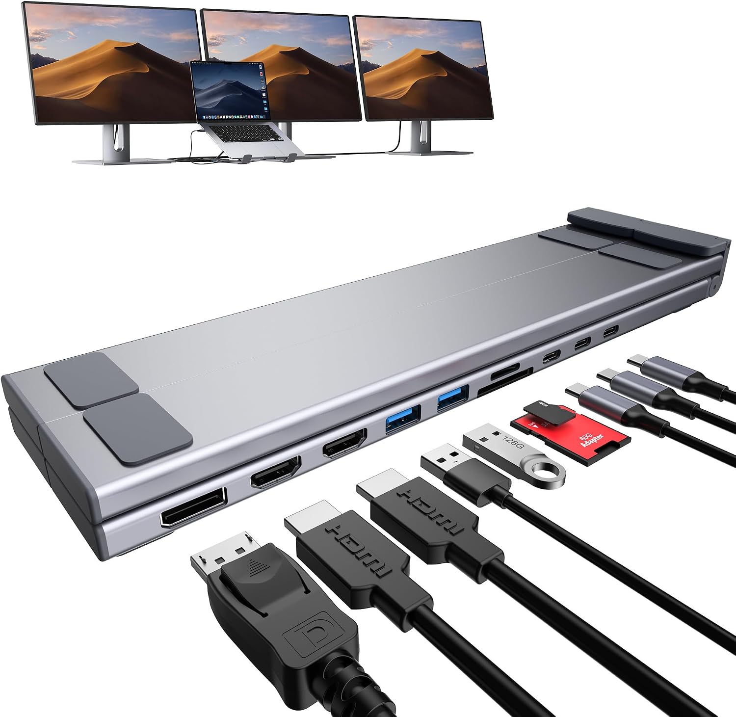 Mukiya USB C Laptop Docking Station Stand 3 Monitors 4K@60Hz, 10 in 1 USB C Hub with Dual HDMI+DP, 2*USB 3.0, PD 100W, USB C 3.0, SD/TF, Dock Station for MacBook Pro/Air/Dell/HP/Surface/Lenovo
