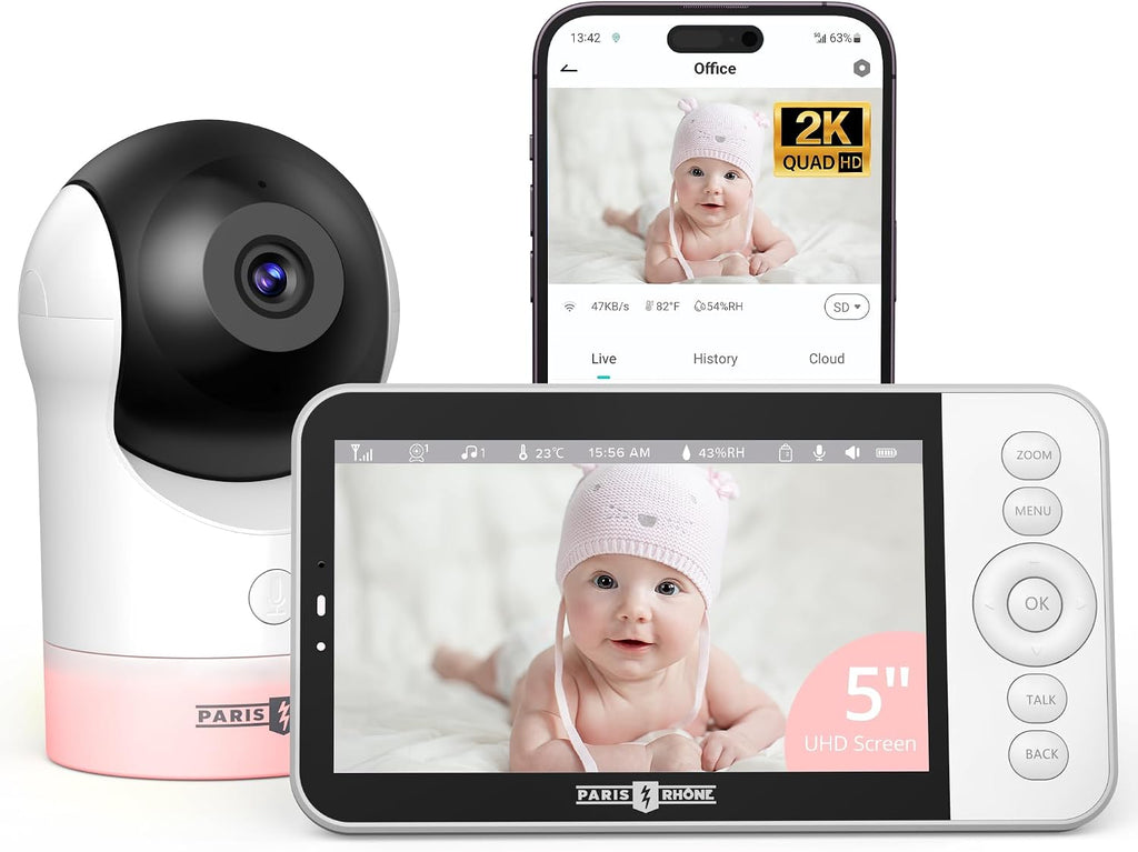 PARIS RHÔNE Video Baby Monitor, 2K UHD WiFi Camera, Night Vision, 5' Smart Baby Monitor with App Control, Motion and Cry Detection, AI Tracking, Three-Way Audio, RGB Night Light, Lullabies