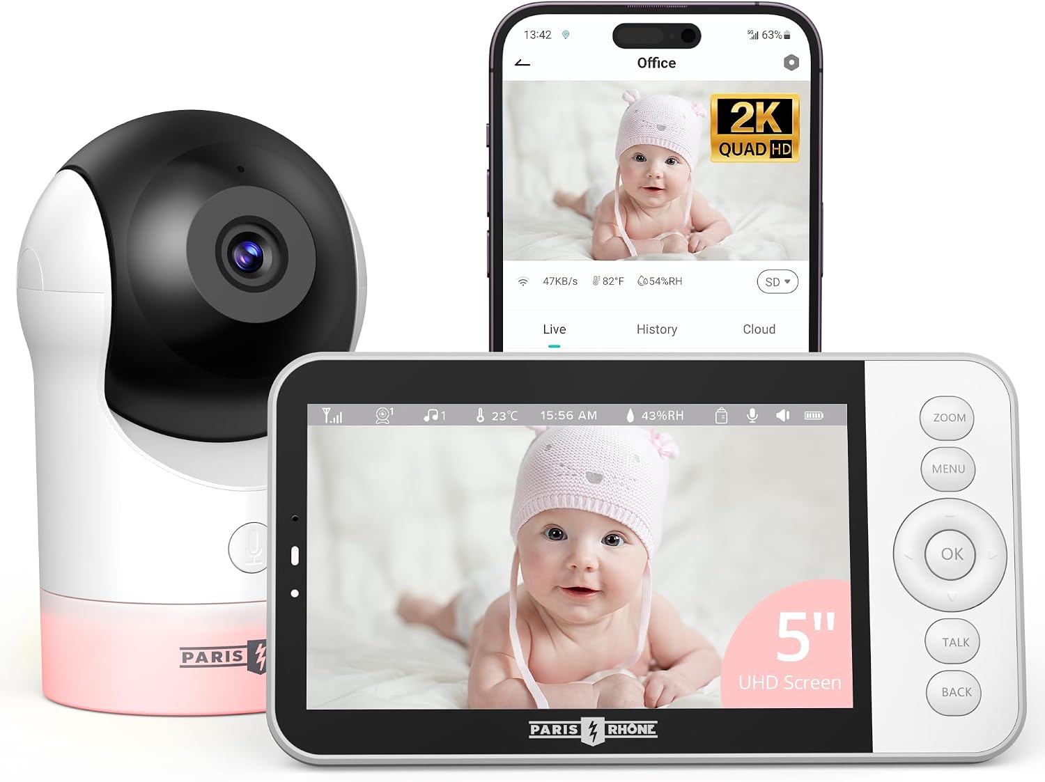 PARIS RHÔNE Video Baby Monitor, 2K UHD WiFi Camera, Night Vision, 5' Smart Baby Monitor with App Control, Motion and Cry Detection, AI Tracking, Three-Way Audio, RGB Night Light, Lullabies