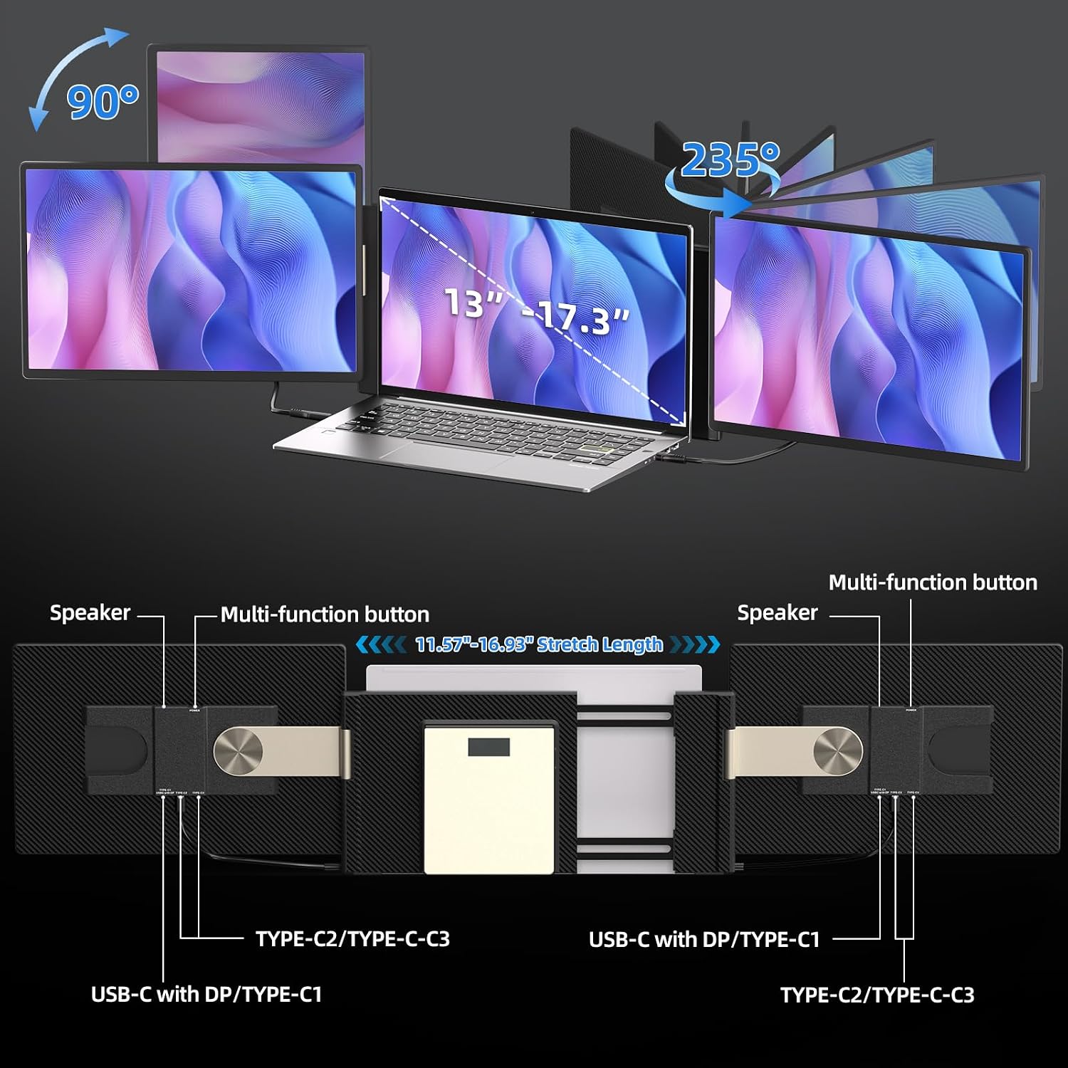 Laptop Screen Extender 16 inch - Triple Laptop Monitor Extender Detachable FHD 1920x1200P IPS 235° Rotation Extra Portable Monitor Compatible with 13'-17' Mac Wins Dex Chrome