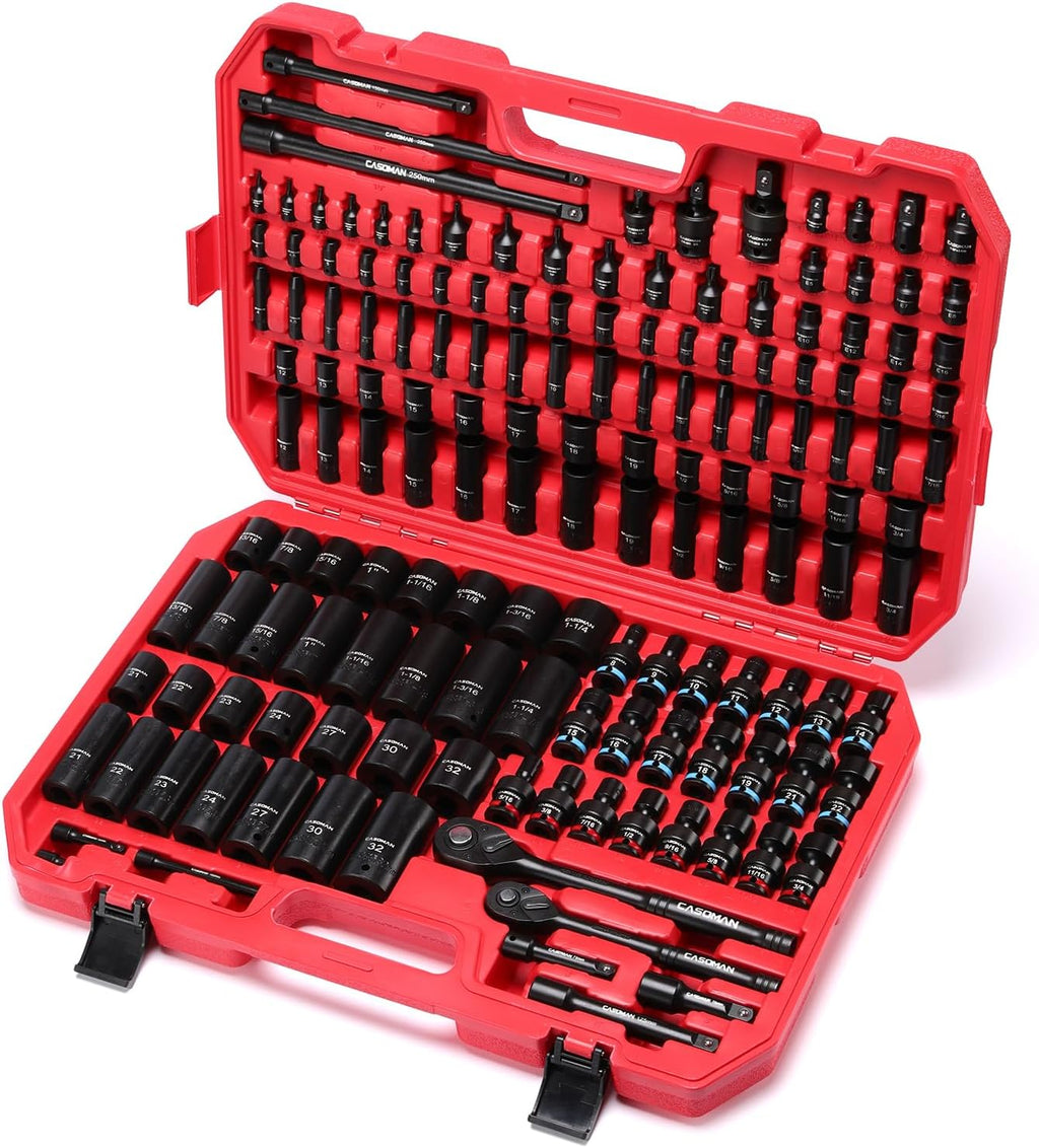 CASOMAN 153-Piece 1/4' & 3/8' & 1/2' Drive Master Impact Socket Set with Case, Professional Standard and Deep Socket Tool Set, 6 Point, SAE and Metric Sizes