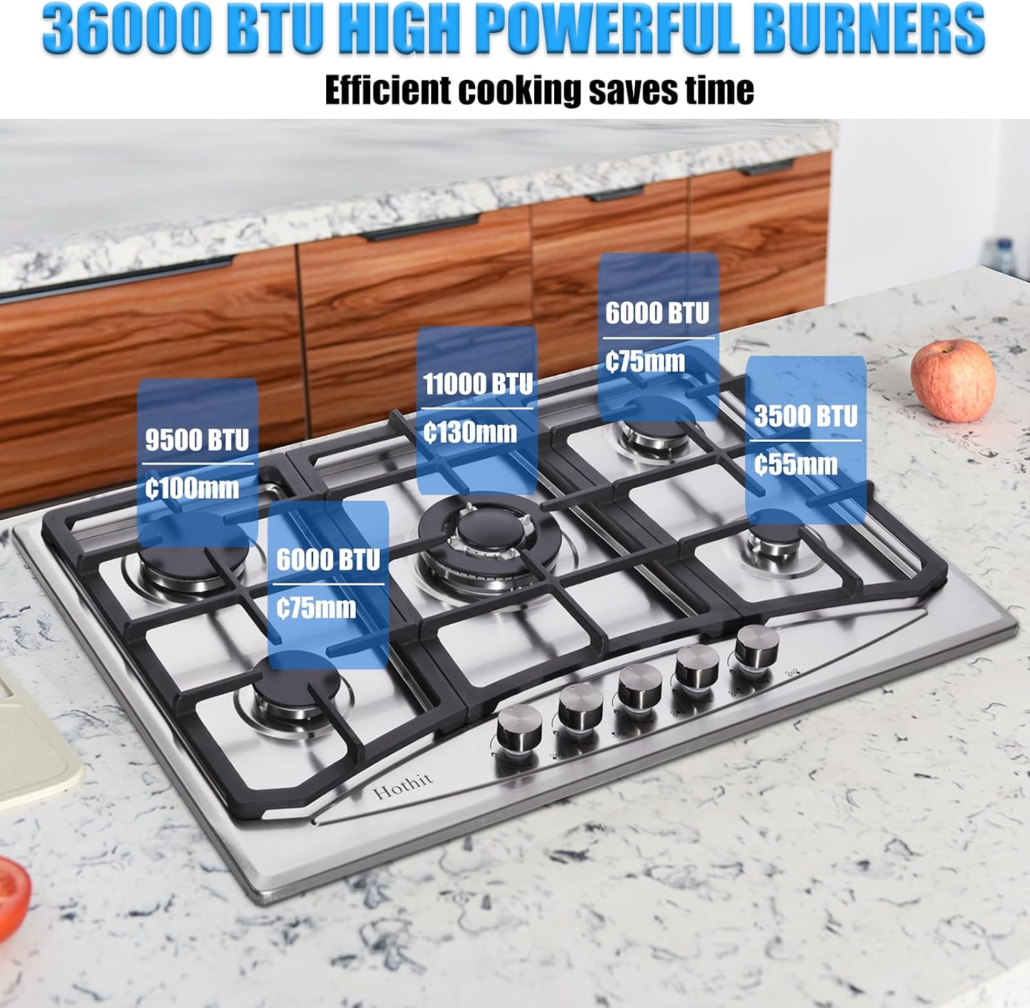 Hothit 5 Burner 30 inch Gas Cooktop, LPG/NG Dual Fuel Built-in Electronic Ignition Propane Stove Top with Pressure Regulator, Stainless Steel Gas Hob for Kitchen, Apartment, Outdoor(AHT30IN30S)