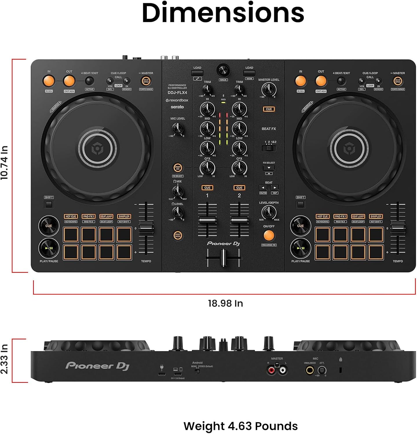 Pioneer DJ DDJ-FLX4 2-Channel DJ Controller - Black Bundle with Laptop Stand, Headphones, and Austin Bazaar Polishing Cloth