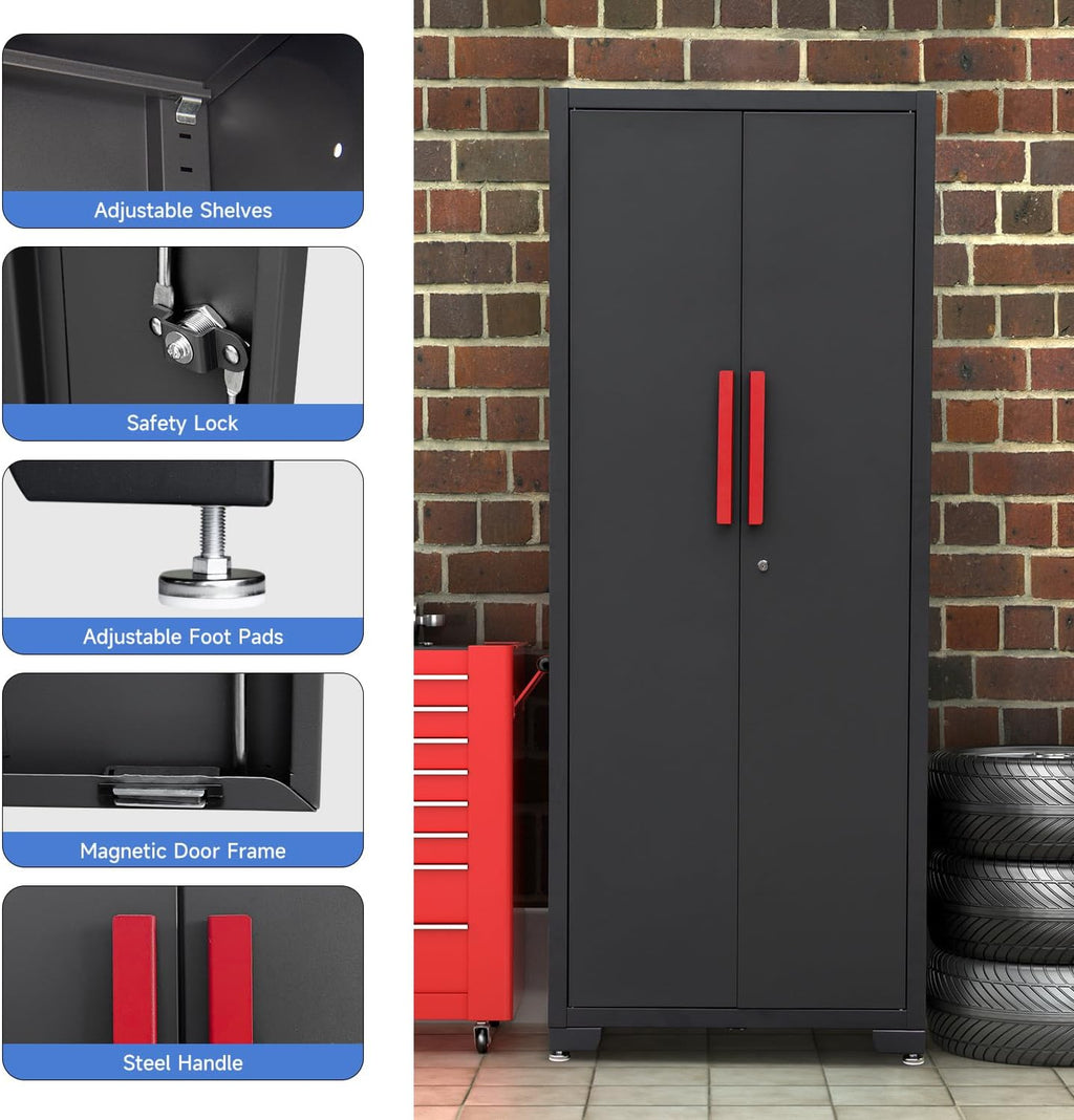 Metal Garage Storage Cabinet with 4 Adjustable Shelves and Locking Doors 75-inch Tall Tool Organizer Steel Lockers for Home, Office, Warehouse, Garage, Red (Assembly Required)