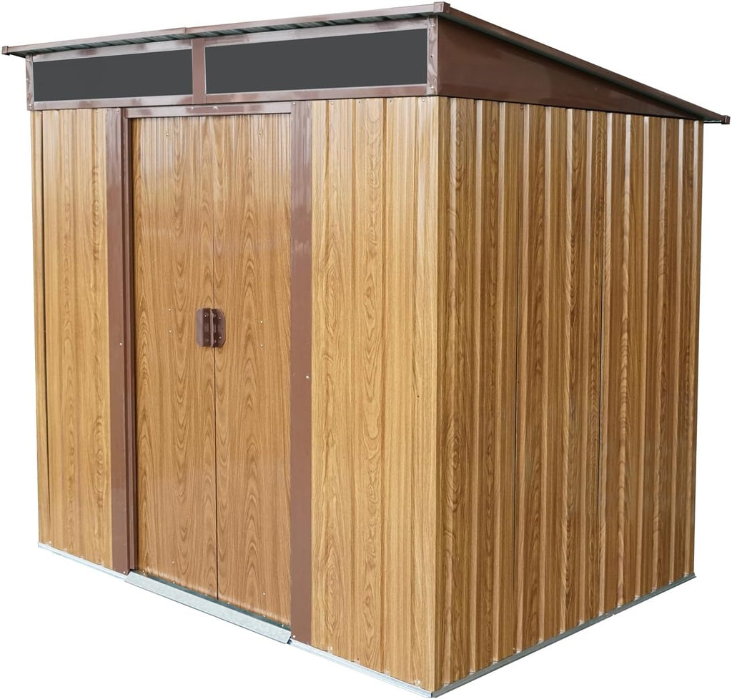 6x5 FT Outdoor Storage Shed, Metal Garden Shed with Frame Floor, Outside Tool Shed with Lockable Sliding Doors, Waterproof Storage Building with Sloped Roof for Backyard, Patio, Lawn, Coffee