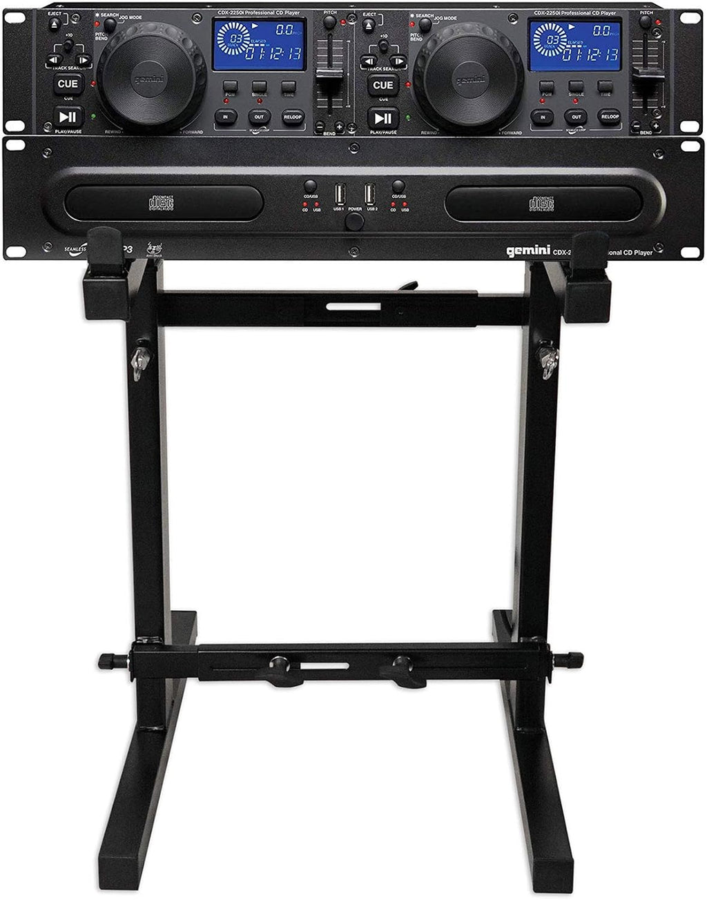 Gemini CDX-2250i Pro DJ Dual Two Deck Rack Mount CD/MP3 Media Player w/USB Bundle with Rockville RXS20 Portable Mixer Stand - Adjustable Height and Width!