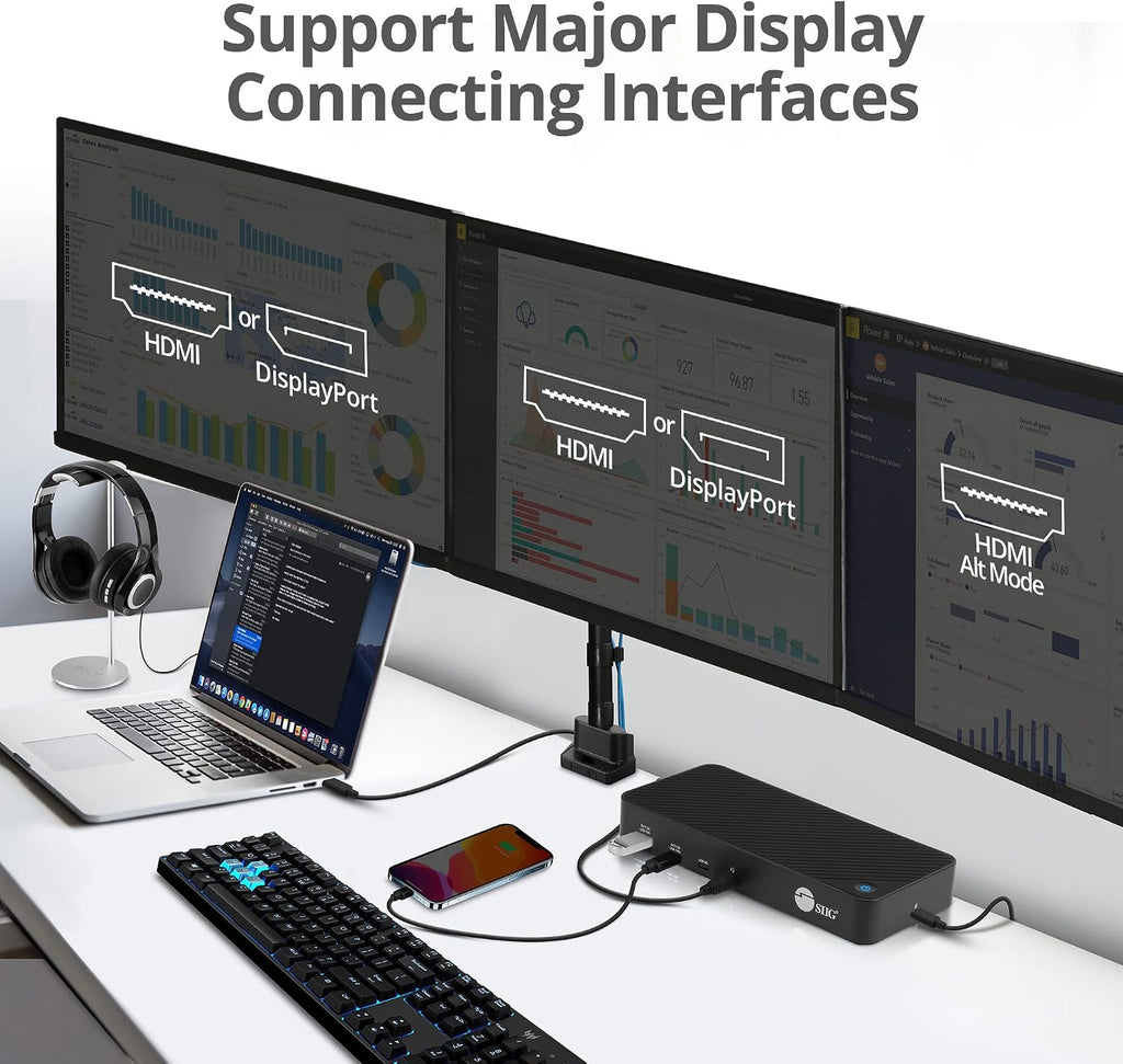 SIIG USB-C Triple 4K 60Hz Docking Station with 100W PD - Triple 4K@60Hz or Single 5K@60Hz Monitor Laptop Dock - DisplayLink - 3X HDMI, 2X DisplayPort, 3X USB-A, 2X USB-C, Gigabit Ethernet
