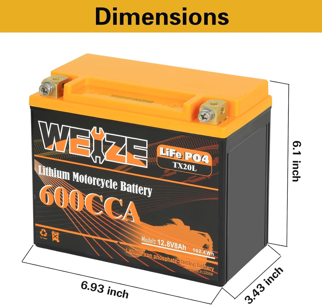 Weize Lithium YTX20L-BS, Group 20, 600A LiFePO4 Motorcycle Battery, 12V 8AH ATV, UTV, Jet Ski, 4 Wheeler, Snowmobile, Personal Watercraft, Seadoo, Polaris, Generator and Riding Lawn Mower Battery