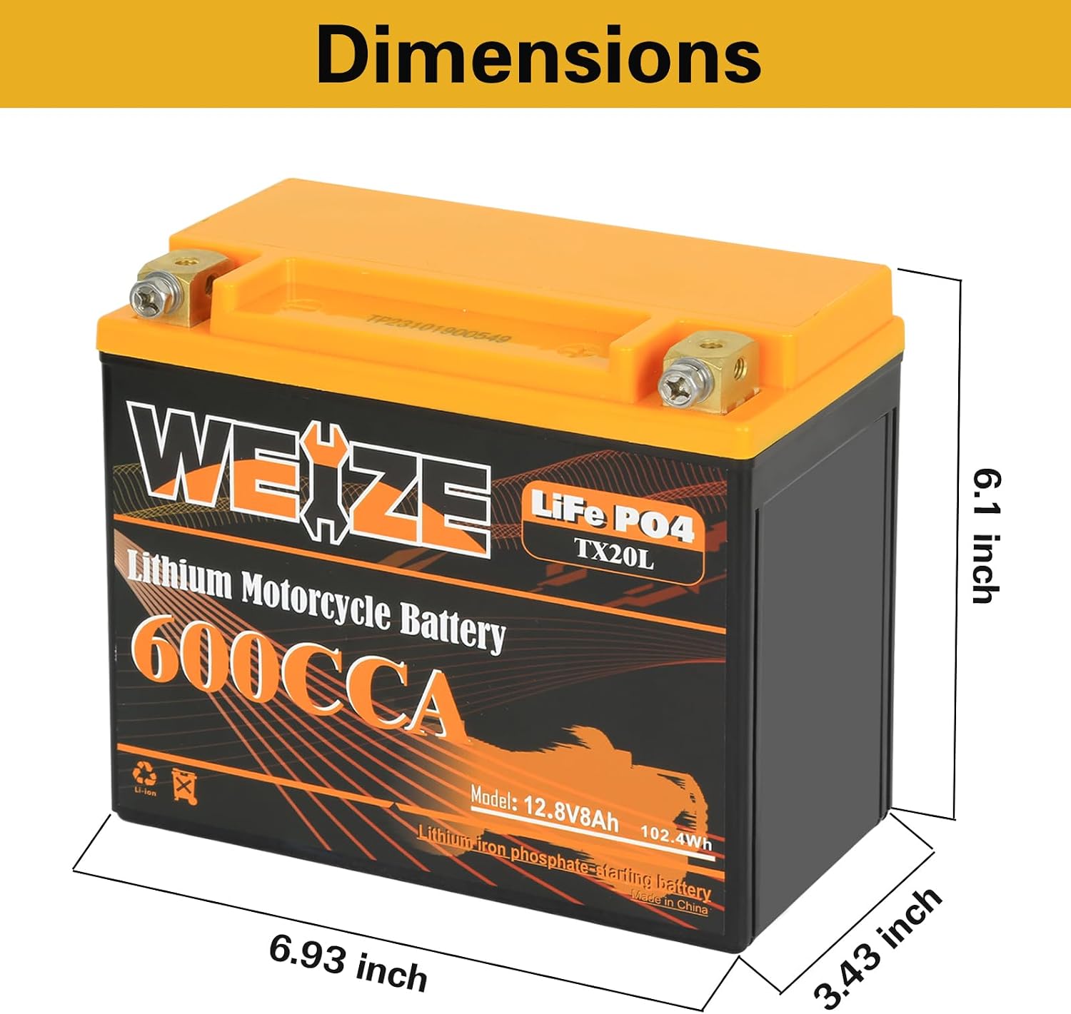 Weize Lithium YTX20L-BS, Group 20, 600A LiFePO4 Motorcycle Battery, 12V 8AH ATV, UTV, Jet Ski, 4 Wheeler, Snowmobile, Personal Watercraft, Seadoo, Polaris, Generator and Riding Lawn Mower Battery