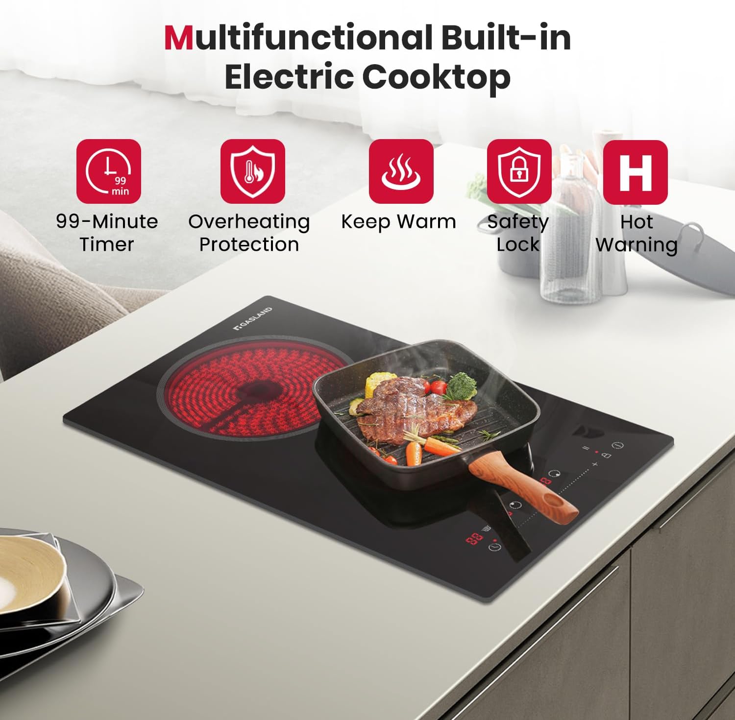 GASLAND 12 Inch Electric Cooktop 2 Burner ETL Certified, 3000W Built-in Electric Radiant Glass Stove Top with 16 Power Levels, 220V Ceramic Hob, Keep Warm, Slide Touch Control & Timer