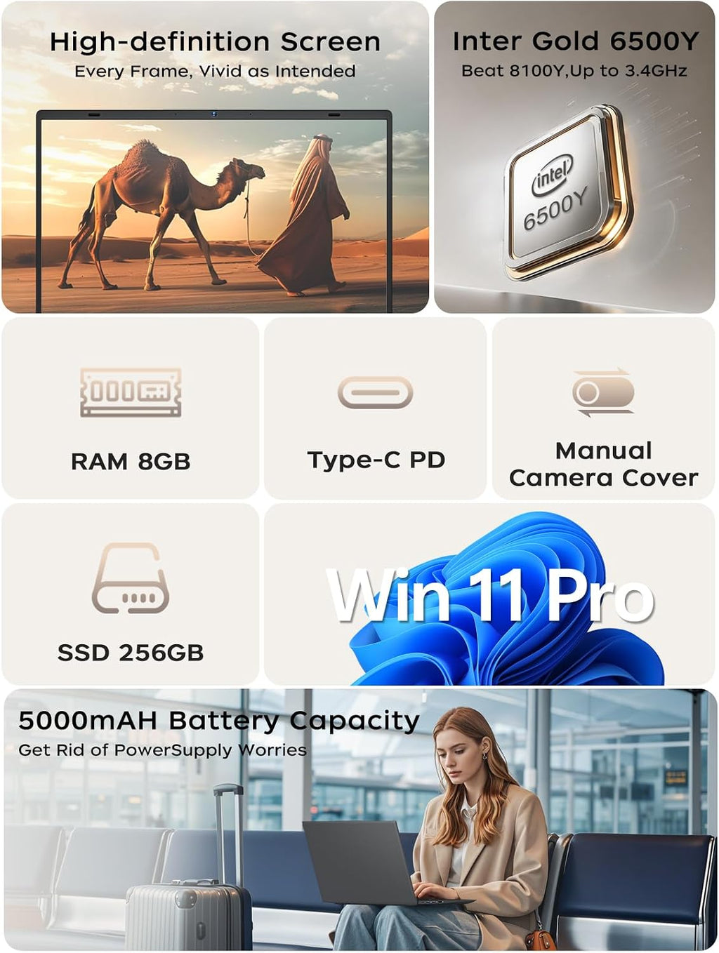 BLUEING Laptop Computer, 8GB RAM 256GB SSD, Laptop with Gold 6500Y (Beat 8100Y, Up to 3.4GHz), 14 Inch FHD IPS Display, Type-C, HDMI, USB3.2, BT5.2, WiFi 5, Laptops for Business & Student