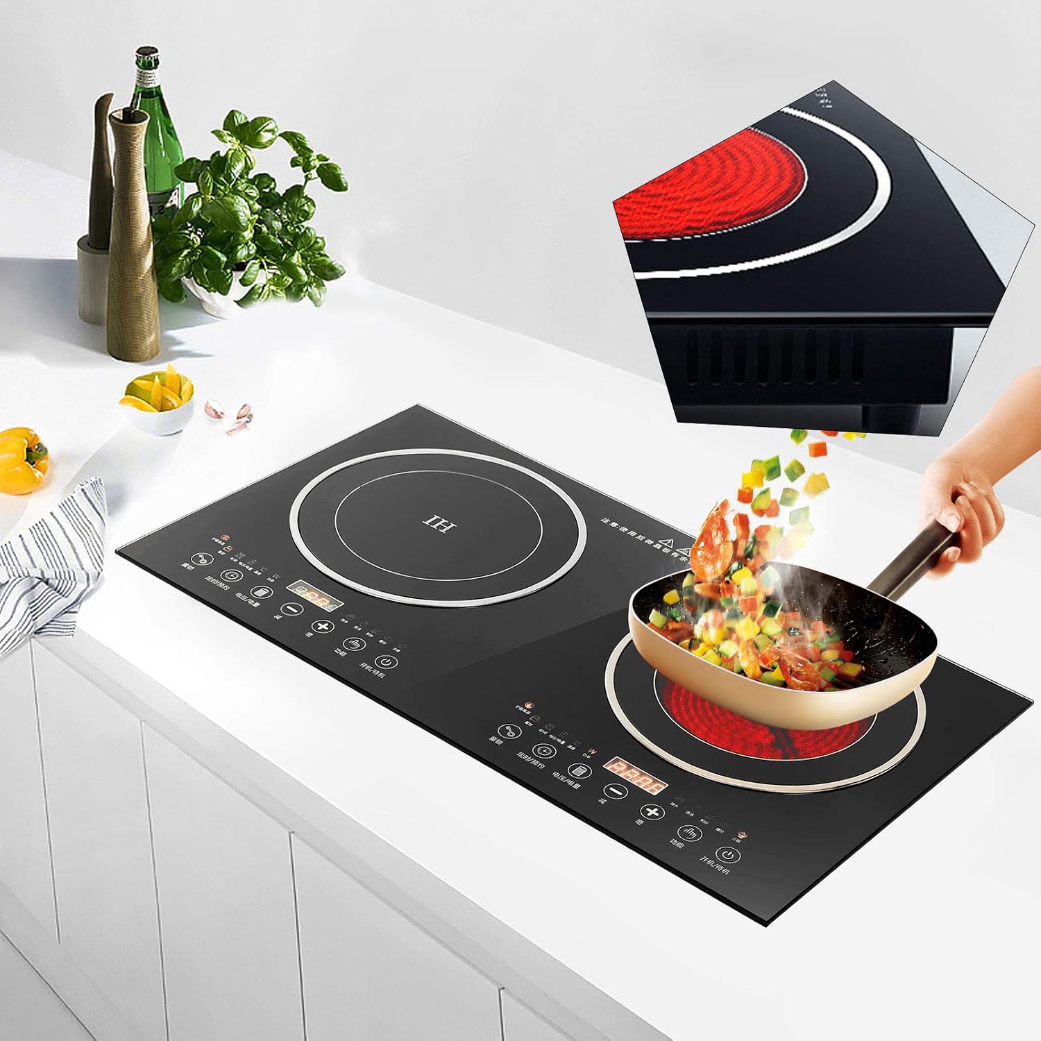 Electric Dual Induction Cooker Cooktop, 1200W+1400W Digital Countertop Burner Induction Cooker+Ceramic-Cooker Double Burner Cooktop