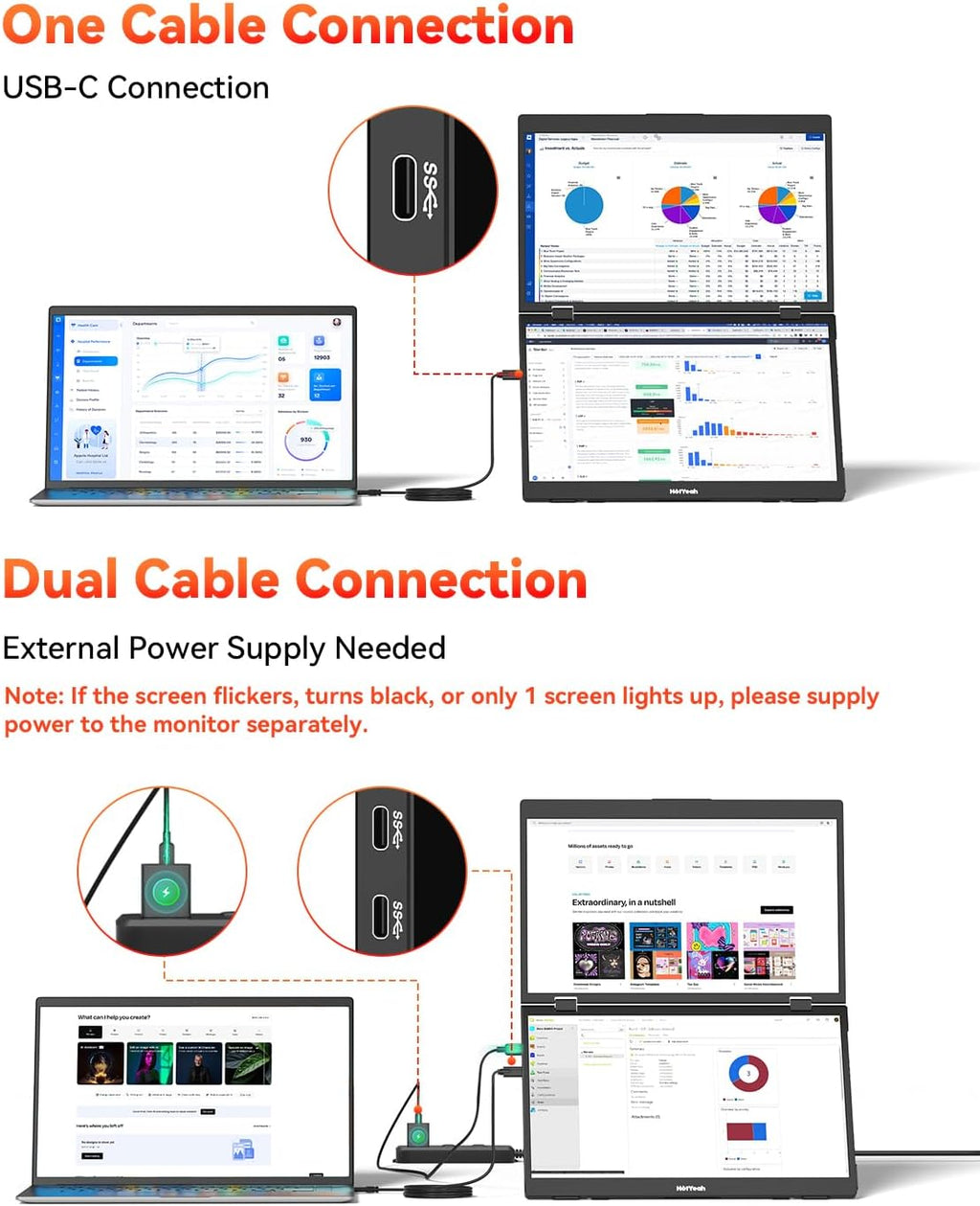 HotYeah Triple Laptop Screen Extender, 15.6' 1080P FHD IPS Folding Stacked Portable Dual Monitor, USB-C Travel Extended Computer Display w/VESA, 180° Rotation, Plug & Play (Windows Only)