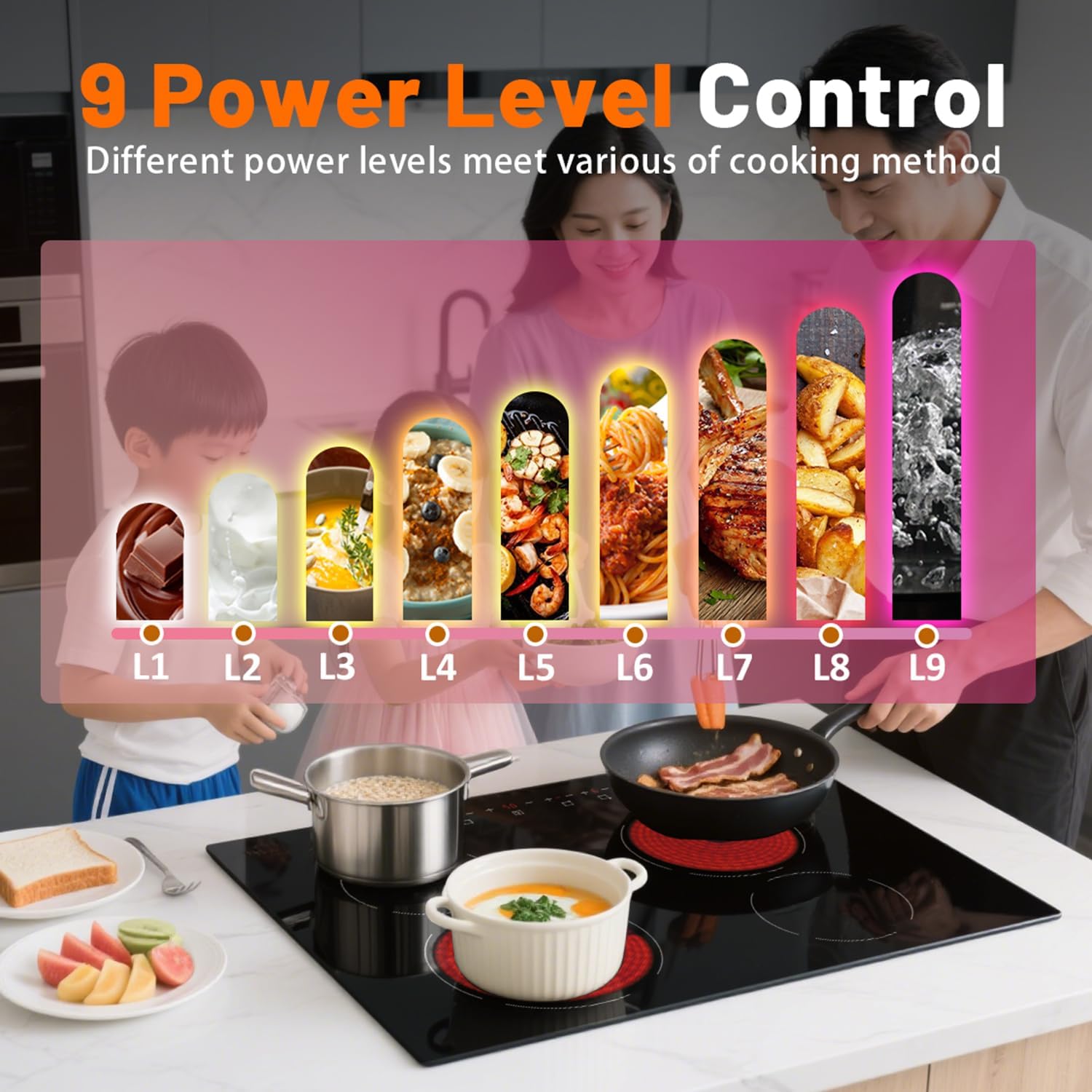 Electric Cooktop, 30 Inch Built-in Ceramic Cooktops 6400W, Electric Stove Top with 4 Burners 220-240V(No Plug), 9 Heating Levels, Child Lock, Sensor Touch Control, Residual Heat Warning