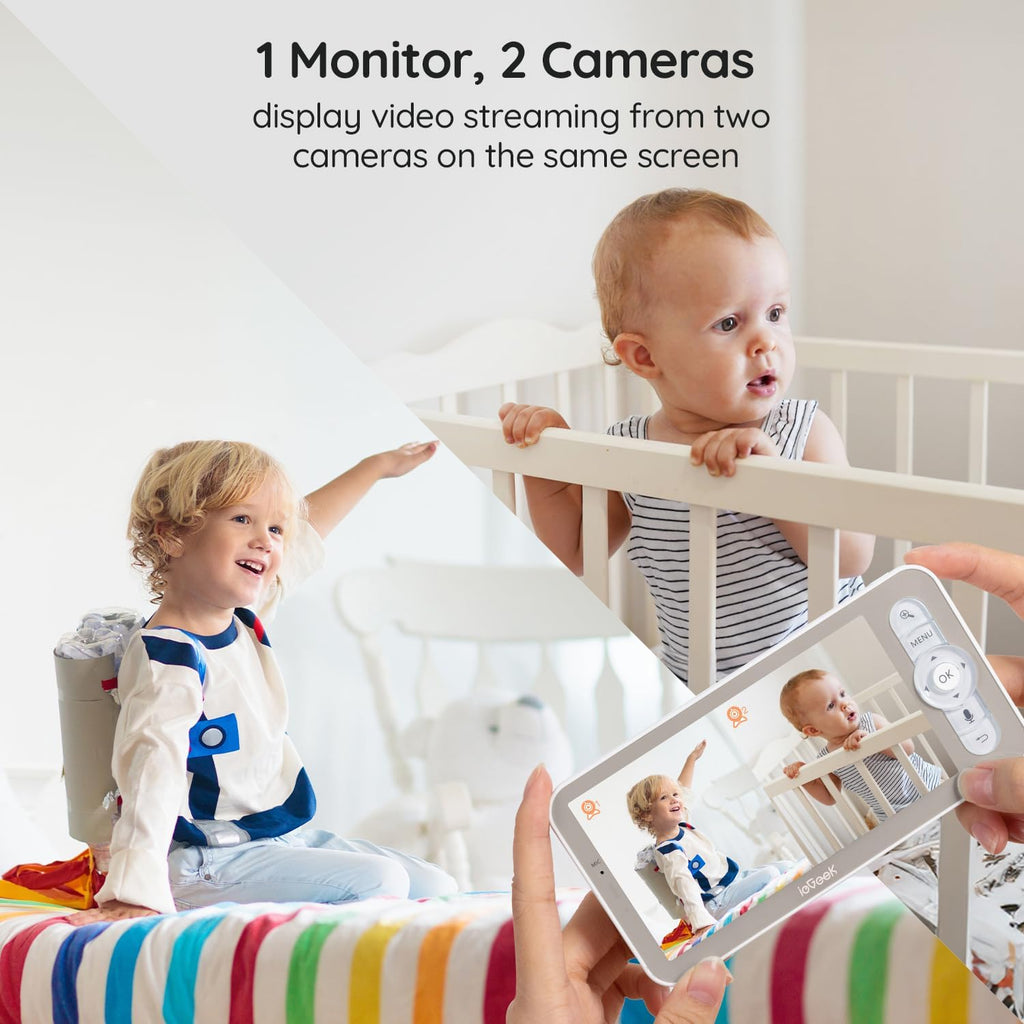 ieGeek 2K Split-Screen Baby Monitor, 5' Audio Baby Monitor with 2 Cameras, WiFi Smartphone Video Dual Camera, Night Vision, Motion & Cry Detection, Two Way Talk Temper &Humidity Sensor
