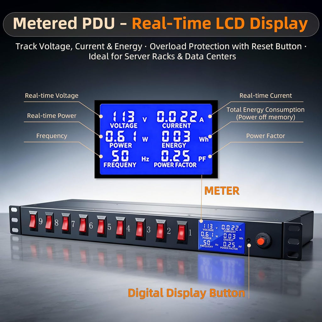 9 Outlet Rack Mount Power Strip with Individual Switches, PDU Surge Protector 15A 125V 1875W, 1U Server Rack Power Distribution Unit with Overload Protection and Power Monitoring, 6.5FT Cord