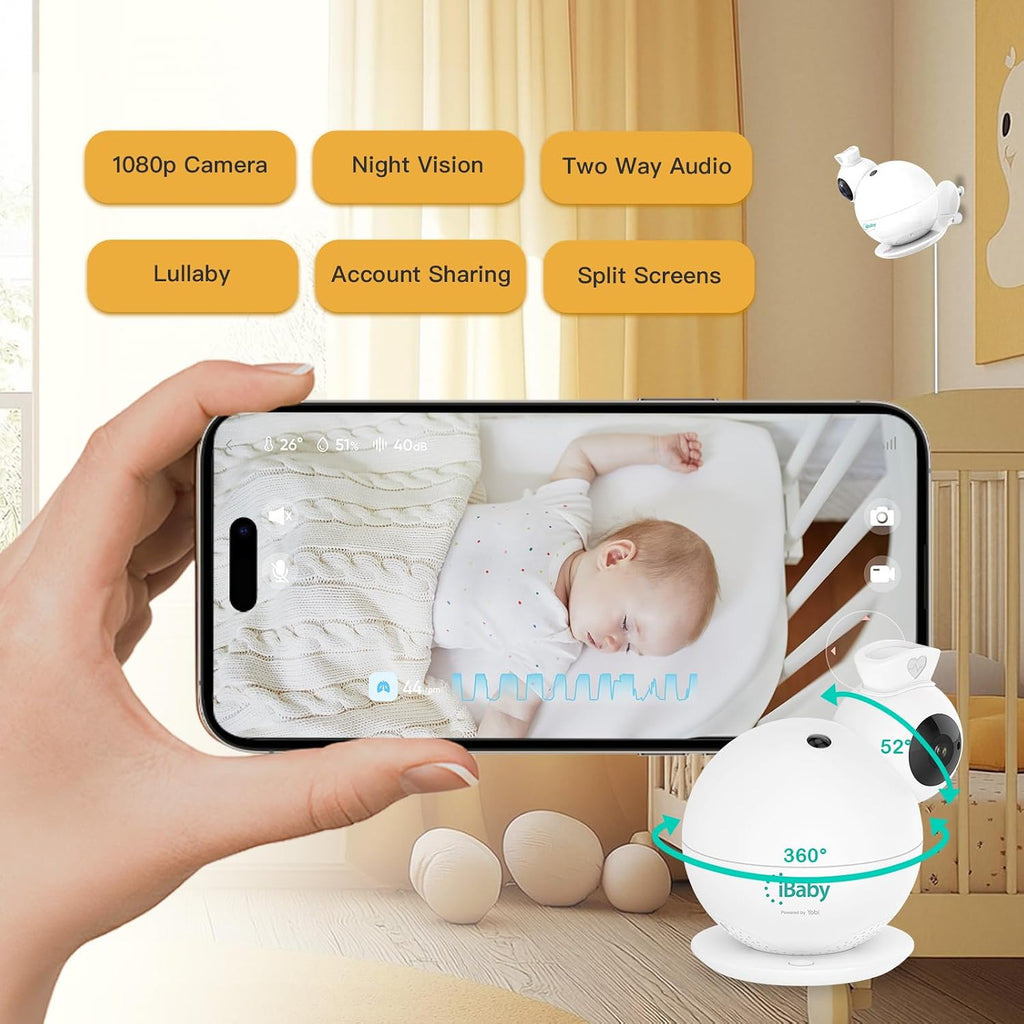 iBaby i7 Contactless Baby Breathing Monitor, Wellness Baby Monitor: Track Breathing, Sleep Pattern - 1080p WiFi Camera, 360° View, Night Vision, 2-Way Audio, Cry & Safety Alerts, Wall Mount