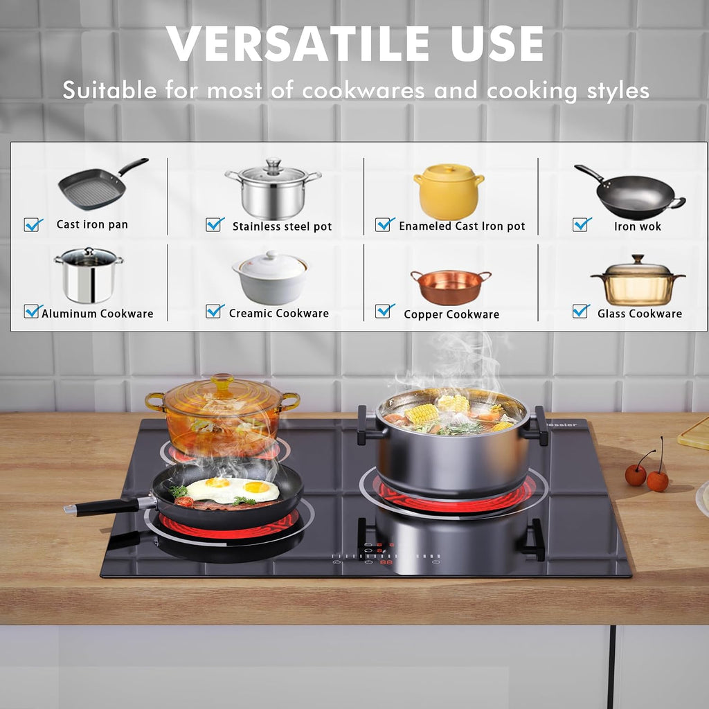 Electric Cooktop 24 Inch - 3 Burner Bulit-in Electric Ceramic Cooktop, Radiant Ceramic Stovetop with 9 Heating Level, Timer, Safety Lock, 5200W 220-240V Hard Wire Sensor Touch Control(No Plug)