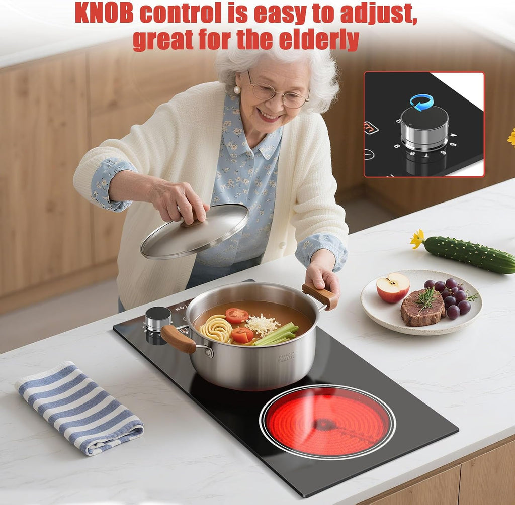 Noxton 2 Burners Electric Cooktop, 12 Inch 110V Radiant Ceramic Stove with Knob & Touch Control, 2000W Built-in or Countertop Electric Hot Plate, Timer, Child Lock, Residual Heat Indicator(B)