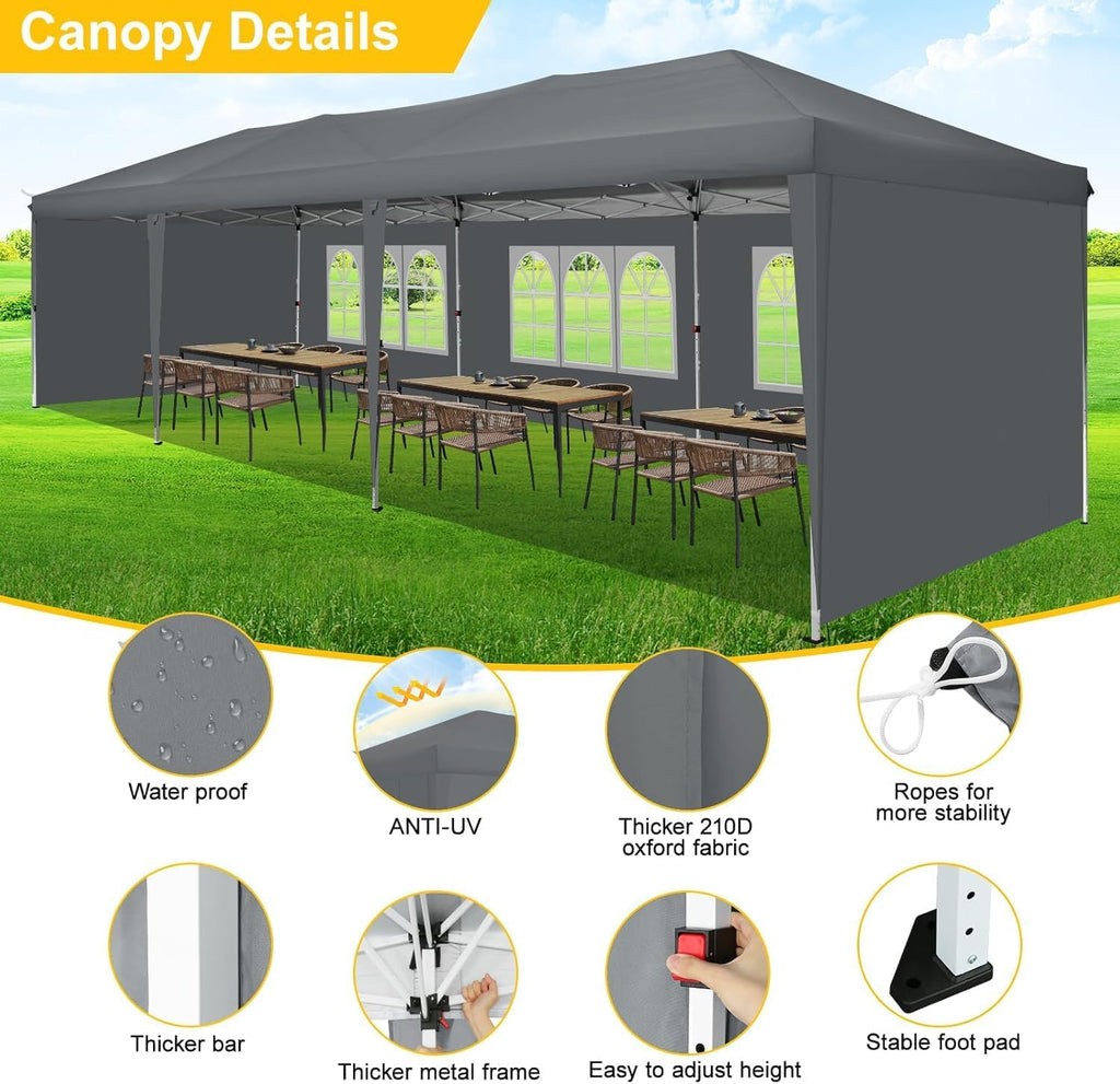 COBIZI 10x30 Pop Up Canopy Tent with 5 Sidewalls Party Tents for Parties Wedding Backyard Waterproof Outdoor Commercial Canopy Event with Sandbags, Gray