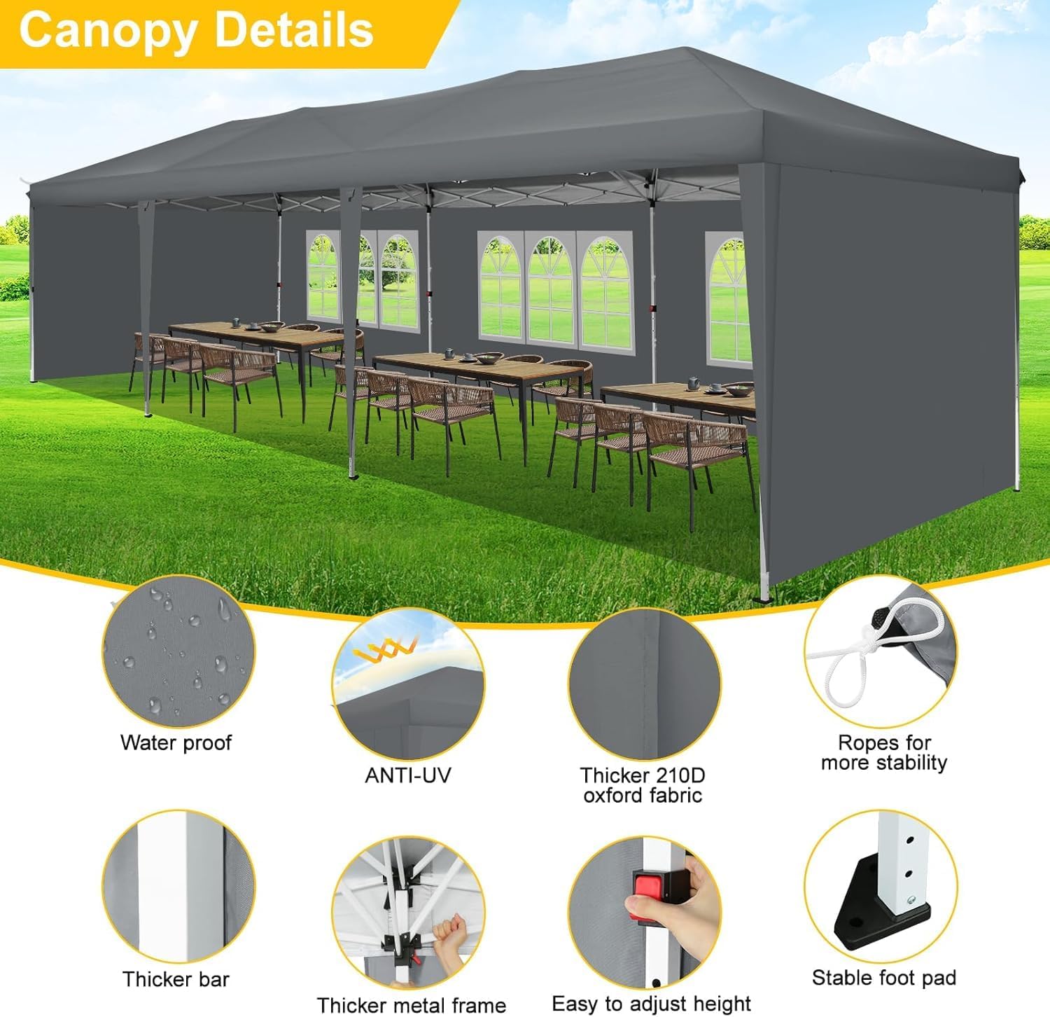 COBIZI 10x30 Pop Up Canopy Tent with 5 Sidewalls Party Tents for Parties Wedding Backyard Waterproof Outdoor Commercial Canopy Event with Sandbags, Gray