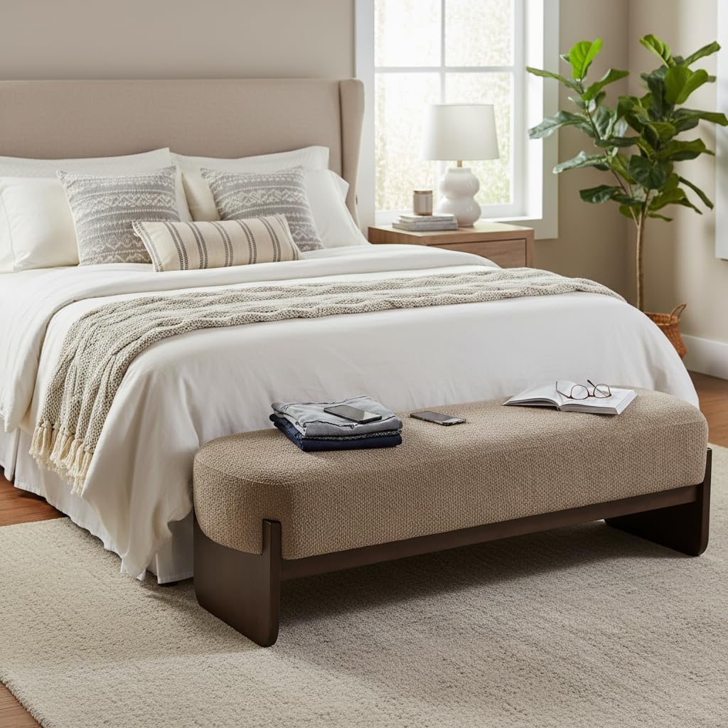 Christopher Knight Home Arden Minimalist Style Rectangular Loop Yarn Fabric Ottoman Bench, Rubberwood Frame, Entryway Bench, Living Room Sofa Extra Seat, End of Bed Footstool, Brown+Brown