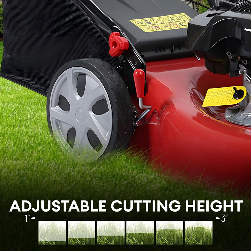 3 in 1 Gas Lawn Mower Self Propelled,141cc OHV Engine with Air Cooling, 20' Steel Deck, 8-Level Height Adjustment, 50L Grass Tank, Foldable Design Red