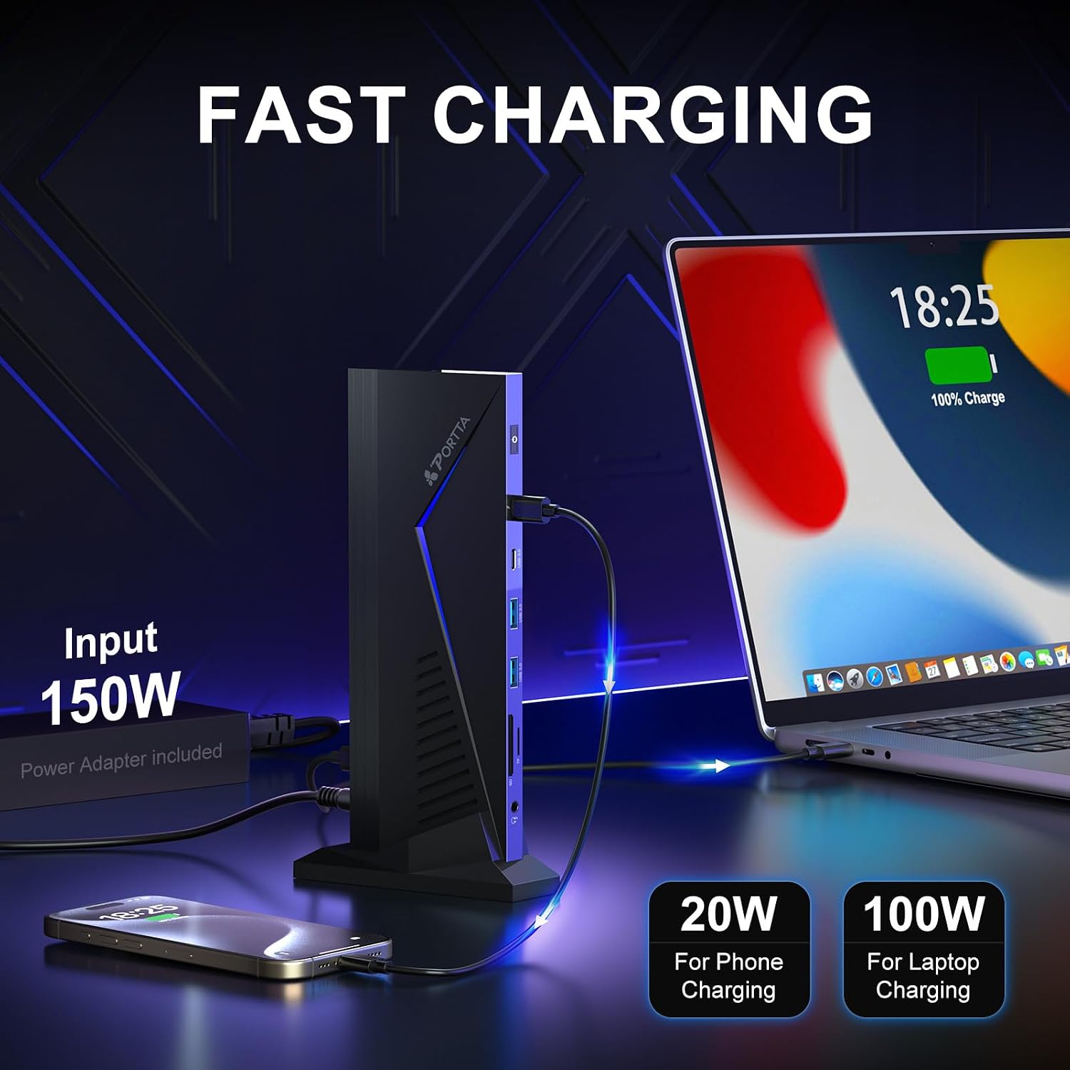 PORTTA 14 in 1 Docking Station Dual Monitor up to 4K 30 w/ 150W Power Adapter, HDMI x2, USB x6, VGA, RJ45, SD/TF, 100W PD, Audio/Mic, Compatible with macOS/Windows SST/MST, Driver Required