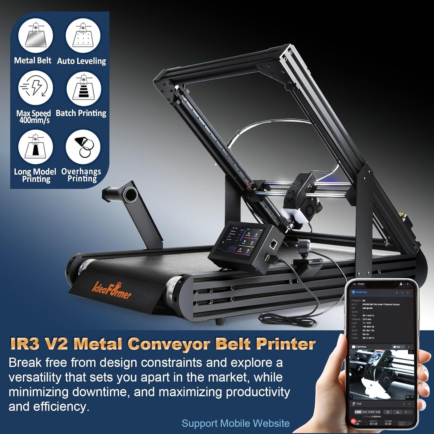 Official IdeaFormer-3D IR3 V2 Conveyor Belt 3D Printer, Infinite Z Axis Continuous Printing Belt Printer Large Format 250×250×∞mm for Cosplay, Prototyping & Production Auto Leveling 400mm/s Speed