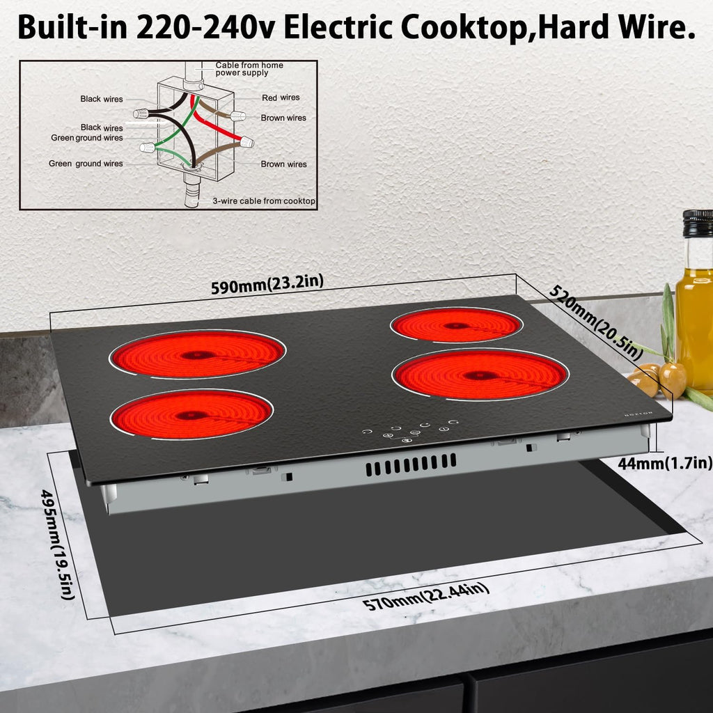Noxton 24 Inch Electric Cooktop 4 Burners Electric Stove, Built-in Ceramic Cooktop with Touch Control Child Lock Timer Easy To Clean with Hard Wire 6000W 240V