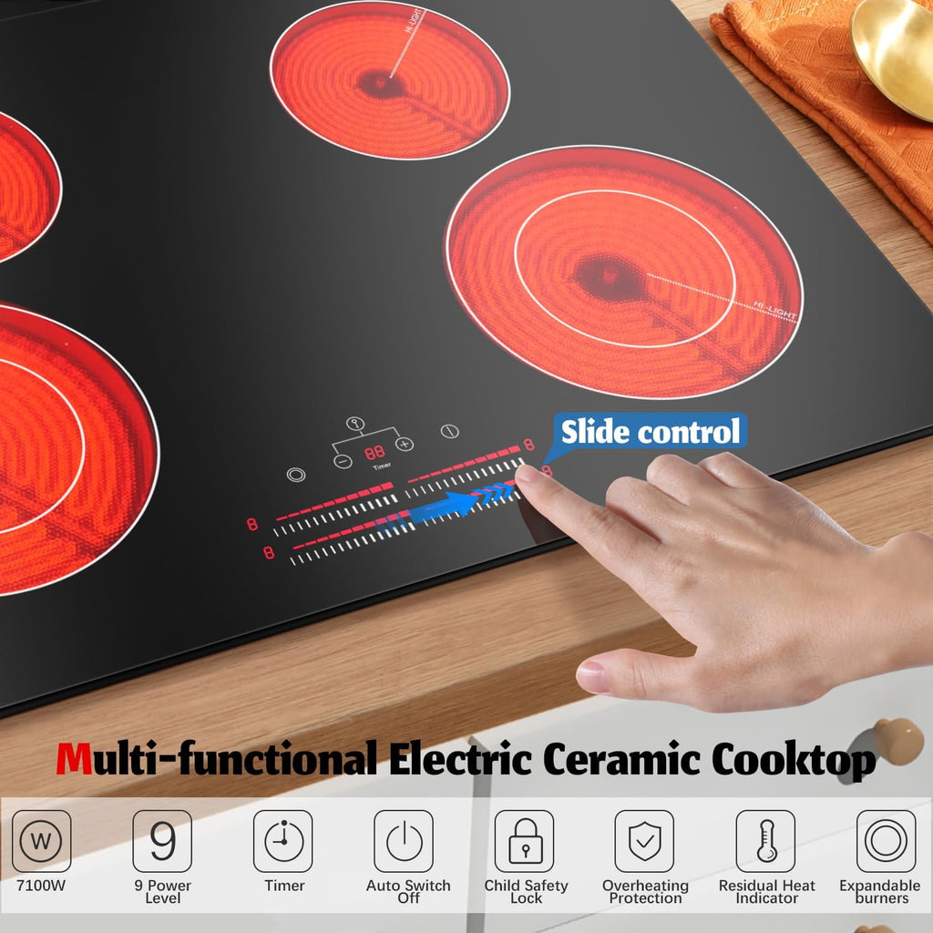 Karinear 4 Burner Electric Cooktop 30 Inch, 240V Radiation Stove Top 30 Inch Built-in Install, 7100W Electric Ceramic Cooktop with Slide Control, Timer, Child Safety Lock, Expandable Burner(No Plug)
