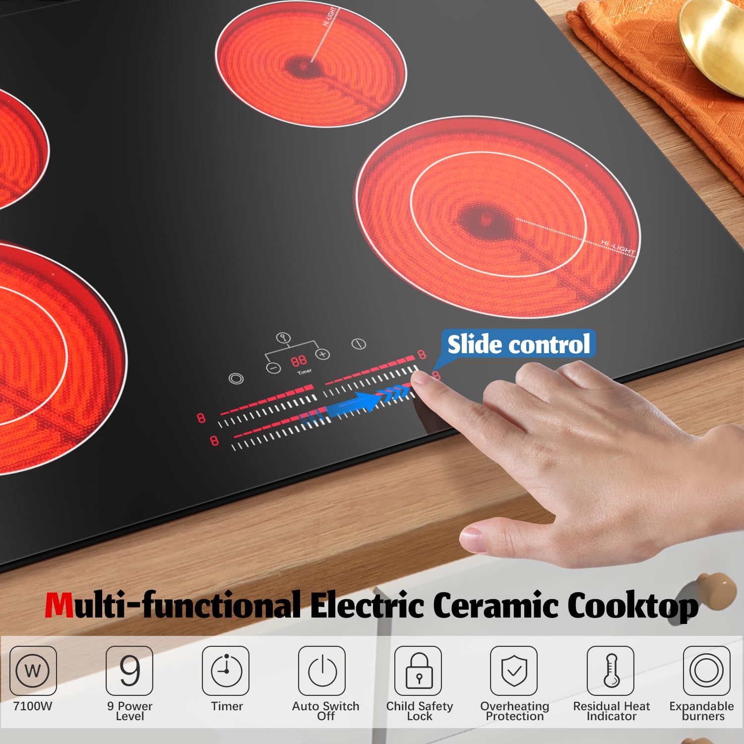 Karinear 4 Burner Electric Cooktop 30 Inch, 240V Radiation Stove Top 30 Inch Built-in Install, 7100W Electric Ceramic Cooktop with Slide Control, Timer, Child Safety Lock, Expandable Burner(No Plug)