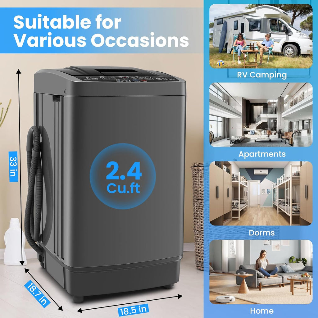 Nictemaw Portable Washing Machine 17.8 lbs, 2.4 Cu.Ft Full-Automatic Washer with Drain Pump, 10 Programs & 8 Water Levels, Efficient Compact Laundry Washer for Small Homes, Apartments, RVs, Dorms