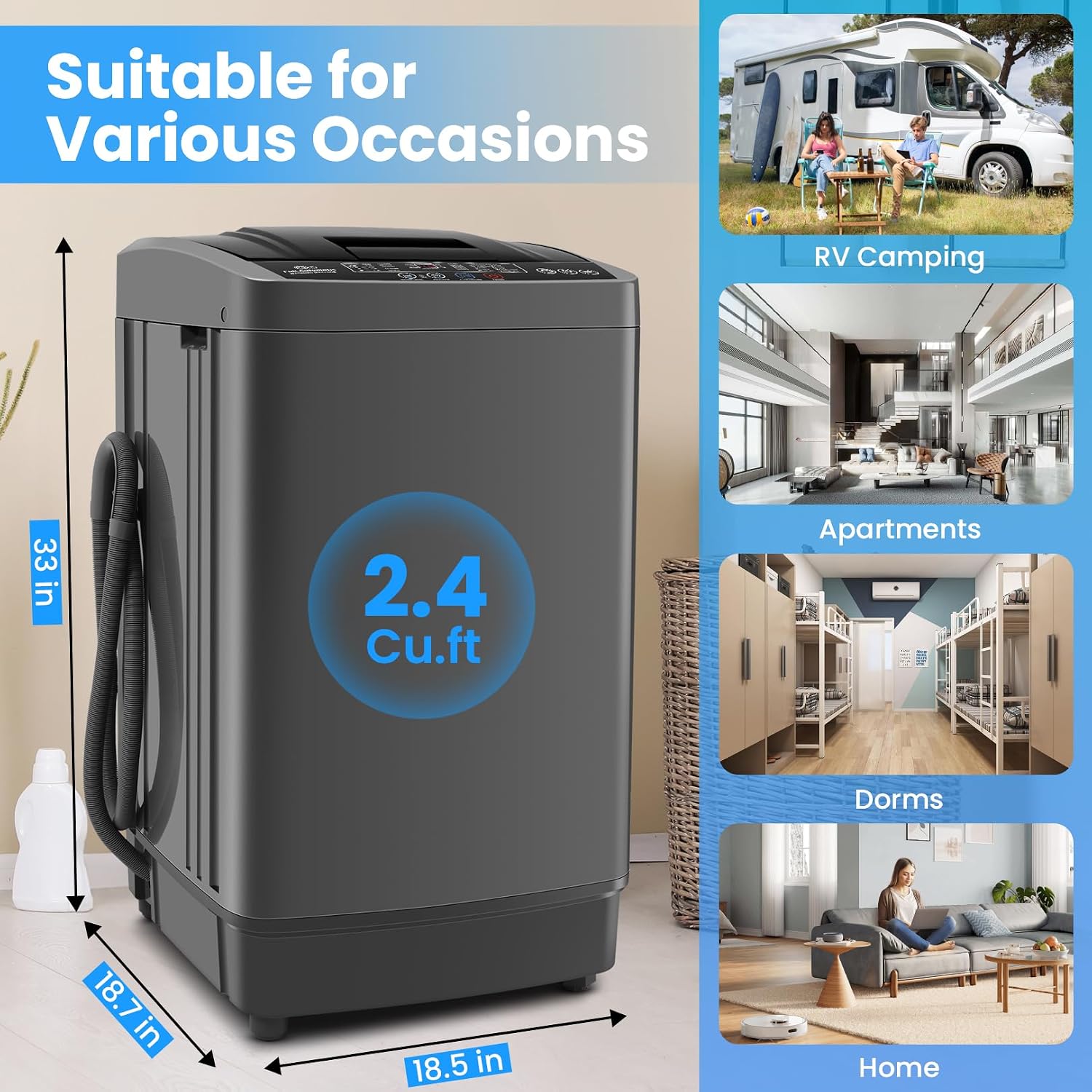 Nictemaw Portable Washing Machine 17.8 lbs, 2.4 Cu.Ft Full-Automatic Washer with Drain Pump, 10 Programs & 8 Water Levels, Efficient Compact Laundry Washer for Small Homes, Apartments, RVs, Dorms